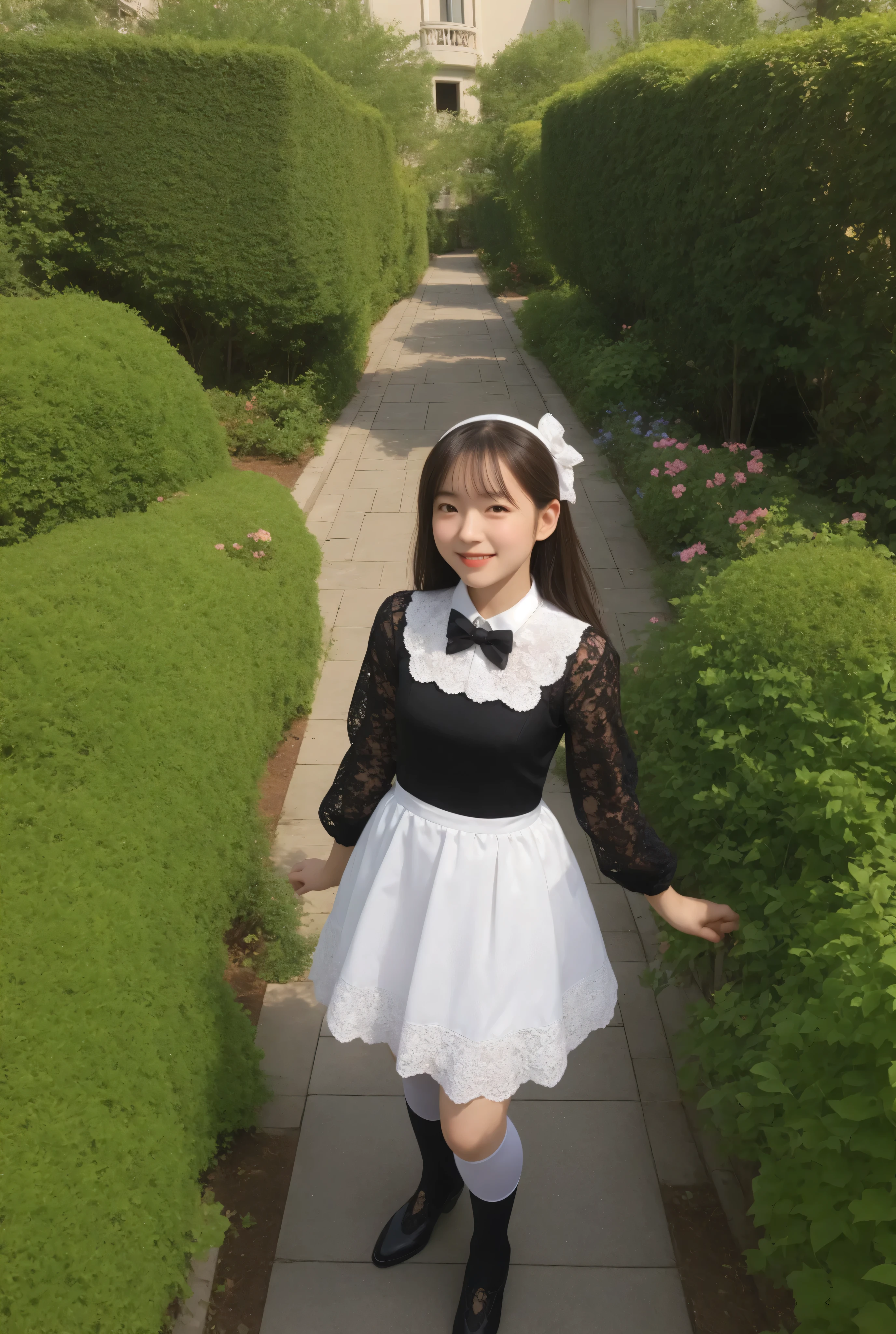 (1 cute girl)、maids,Look at the audience,(skinny:0.96),(younger:0.97),from above,in black lace stockings,lean forward,(big boobs:0.24),japanese,(Smile Yang:0.49),black lace stockings