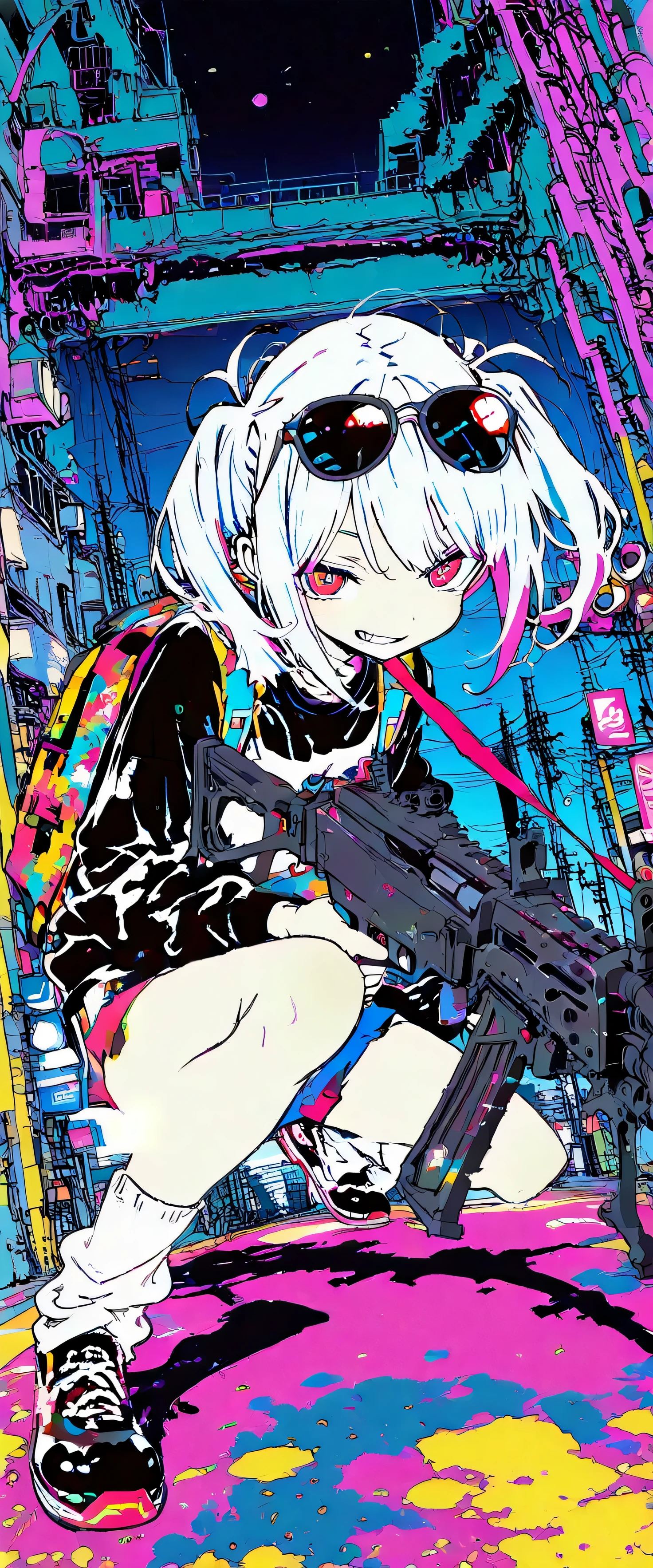 (beautiful girl:1.3),masterpiece,1girl,Ultra-high resolution,rich contrast,Very high quality,8k,Highly detailed CG unit wallpaper,Texture,RAW Photos,professional photograph,an extremely delicate and beautiful,Incredibly absurd,Depth of written boundary 1.2,((A girl carrying a machine gun is patrolling the city)),A large machine gun,She is wearing a black shirt,black sunglasses,(grin),A gangster girl with twin tails wearing black clothes,colorful,(dark:2.0),Set-Flat-Style,flat color,vector style,clean lines,miaomiao_hwm