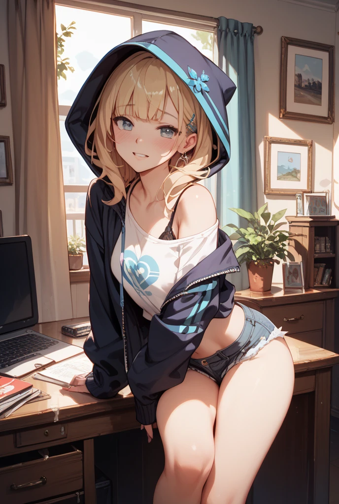 (Very detailed CG Unity 8K 壁紙),(masterpiece), (Highest quality), (Very detailed), (Best illustrations),(Best Shadow)、(Perfect and beautiful eyes)、(Detailed underwear)、1girl absurdres animal_ears animal_hood artist_name badge bare_shoulders Bikini blonde_hair blue_eyes button_badge can cat_ears cat_hood chair closed_mouth drink_can fake_animal_ears fingernails flat_chest highres hood indoors jacket lips long_hair long_sleeves looking_at_viewer mignon monitor navel open_clothes open_jacket original sitting sleeves_past_wrists solo stomach swimsuit thighs white_Bikini