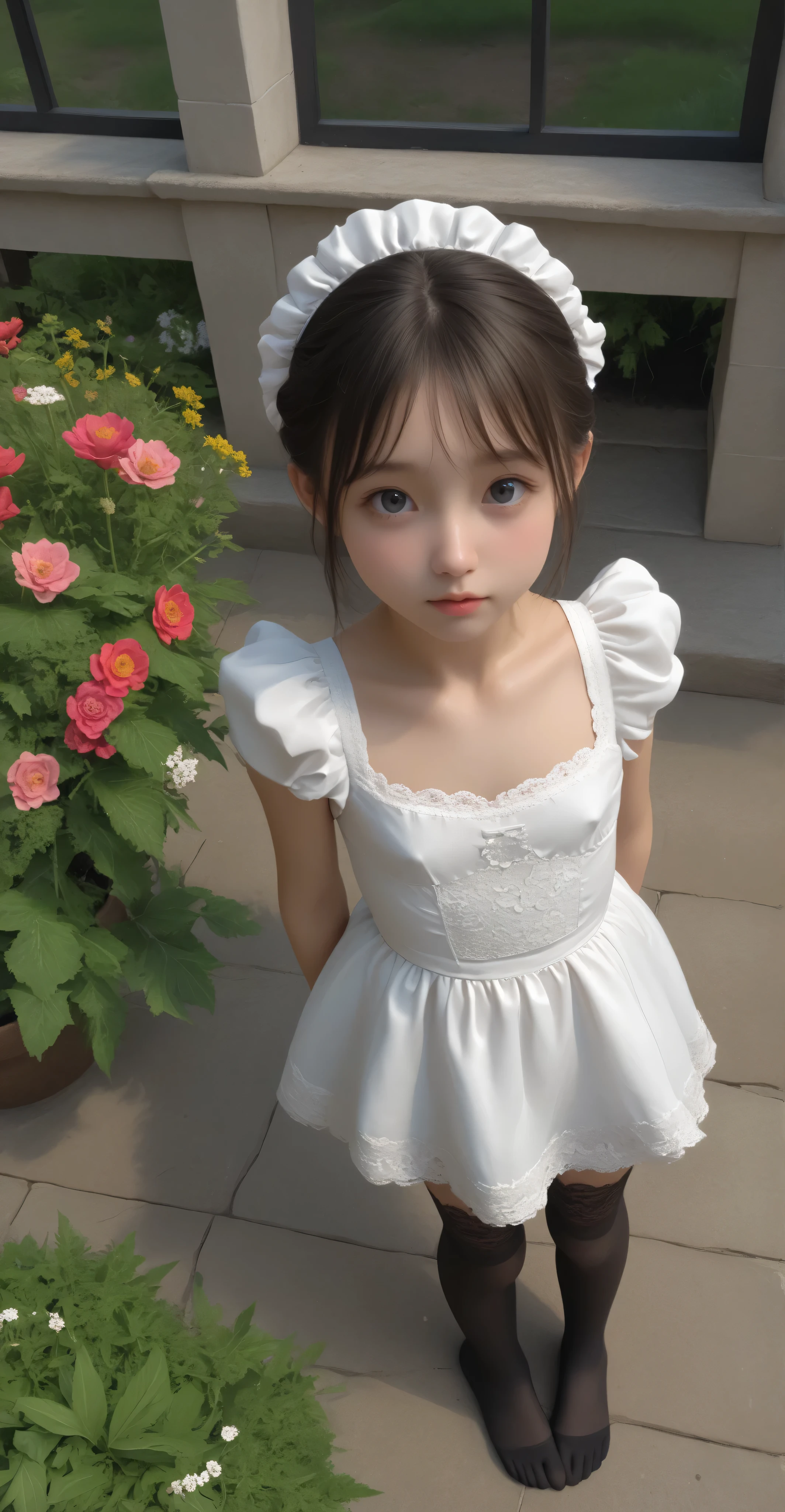 1 Girl、maids,Look at the audience,(skinny:0.41),(younger:1.49),from above,lean forward,(big boobs:0.72),is watering flowers outside the mansion,japanese,(Smile Yang:0.19),black lace stockings