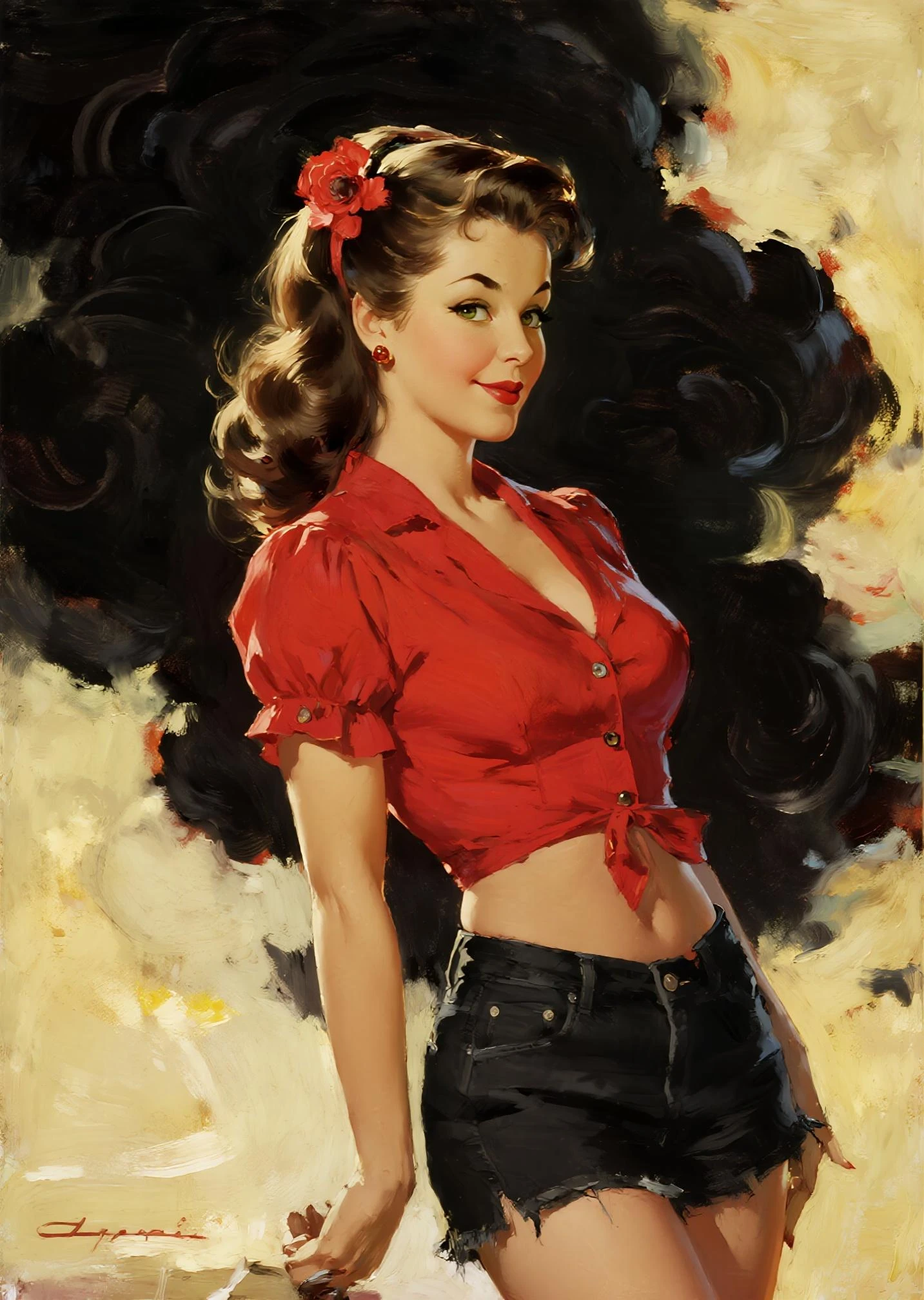 <lora:Pinup_Art:0.9> pinup art. full body. a woman holds a beer. She wears revealing shirt and skirt lifted up by wind. garter straps. smiling