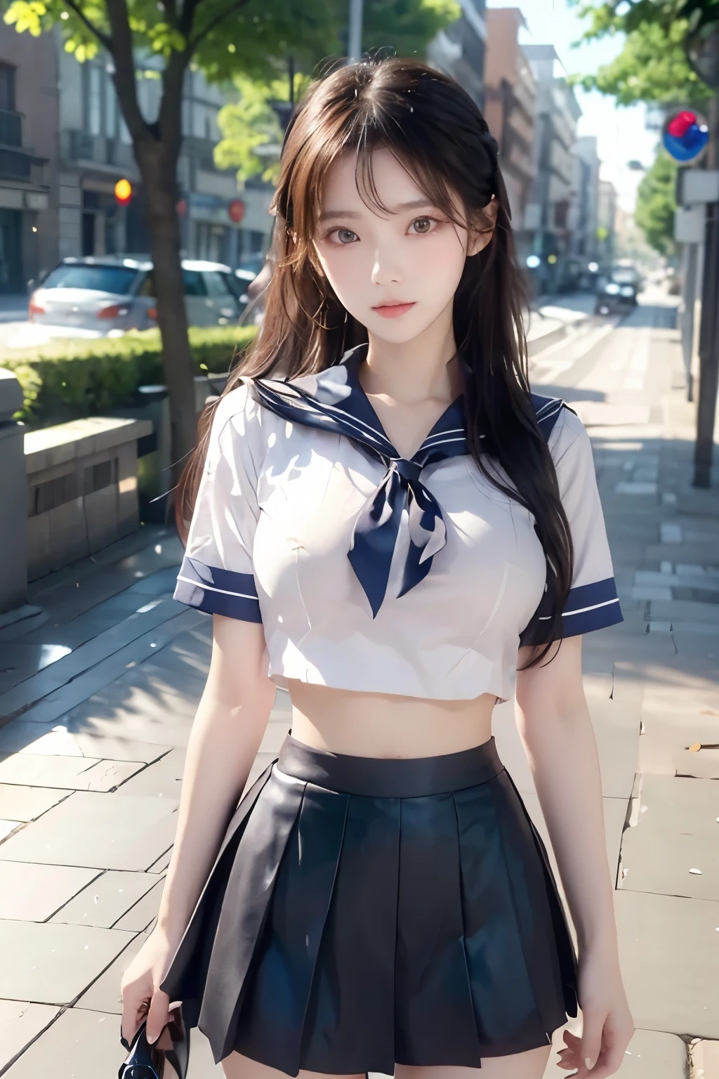 
( Super High Definition), (I'm looking over here), (school uniform:1.2, sailor suit, flared skirt), (Big Breasts:1.2), (Slimness:1.8), ( Read more:1.4), (thin thighs:1.4), ( thin hips:1.6), ( beautiful skin, shiny skin,  white skin), (Super slim face, Super beautiful face, makeup,  Smile :0.8), ( light brown hair,  semi-long,  layered cut ,  fluffy hair), ( big eyes:1.4, High corners of the eyes:1.6,  double eyelids), (Thin eyebrows:0.1), ( small nose:0.6), ( thin lips:0.6), downtown