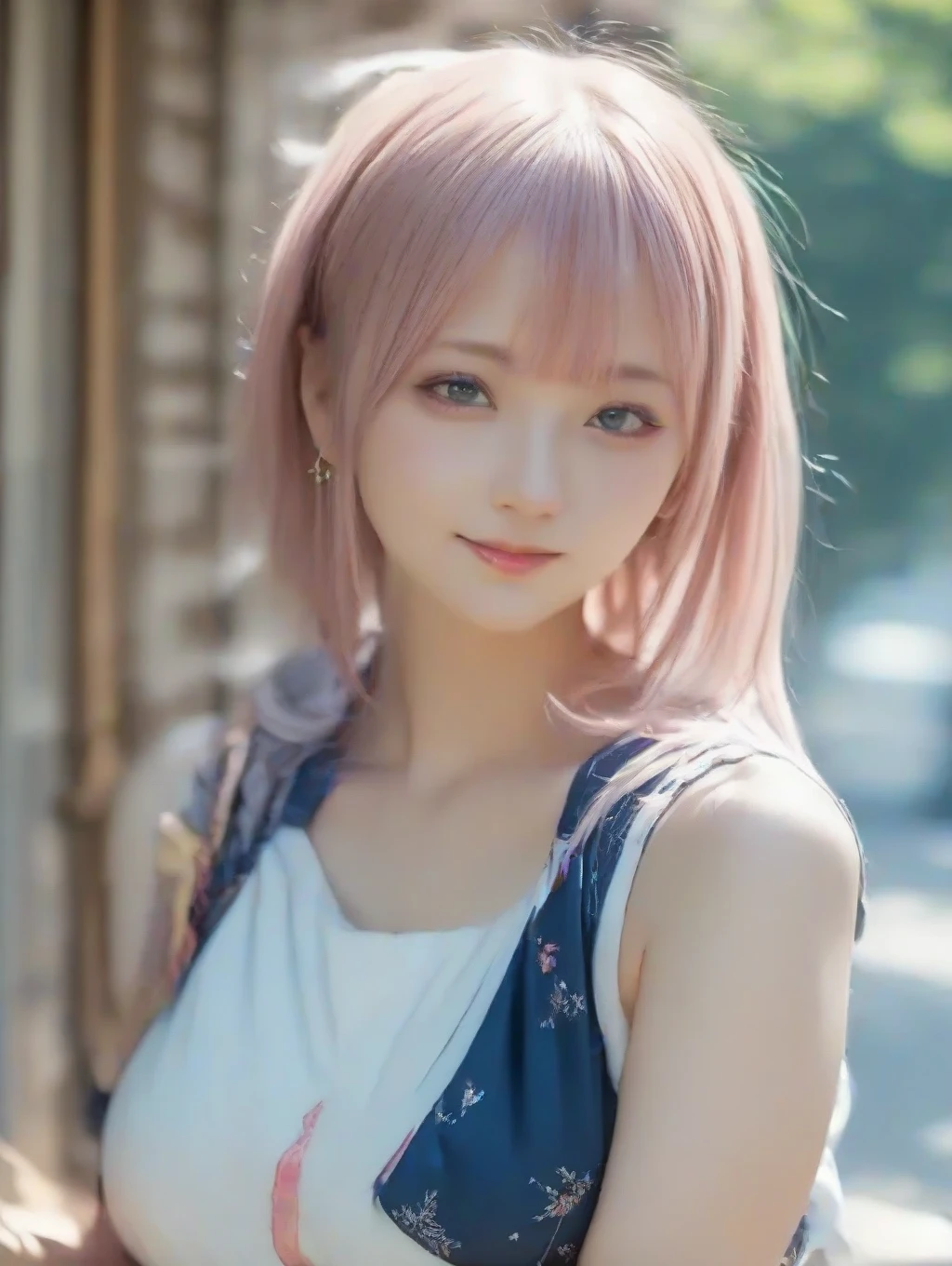 Light pink hair, pink eyes, pink and white, sakura leafs, vivid colors, white dress, paint splash, simple background, ray tracing, wavy hair