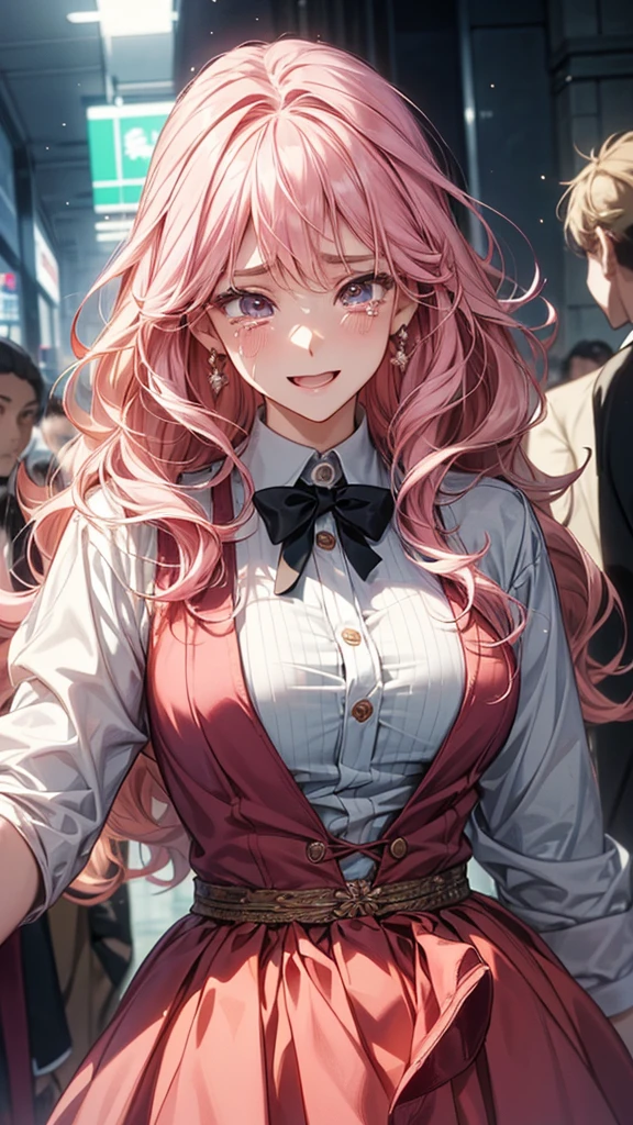 best quality，8K，smile，blazer，ribbon on uniform，，high school girl，multiple girls are depicted，Harem，idol group，photo shoot，long hair，wearing a cardigan，highest quality，，happy girl, girl，pink eyes，perfect face，standing position，I have my hands in my pockets，letting down one's bangs，beautiful eyes,gym,girls hugging each other,smooth hair，multicolored hair colors，naughty girl，beautiful girl，beautiful girl，loose socks