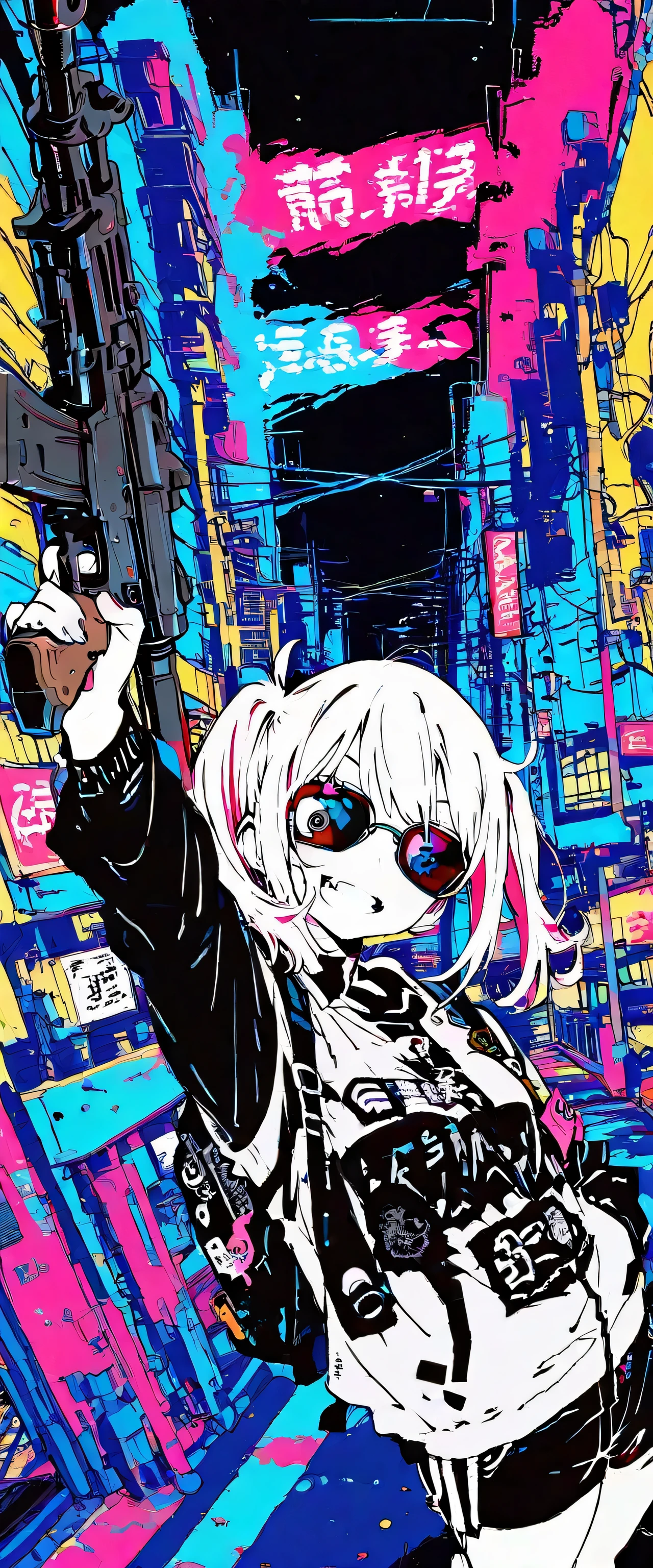 (beautiful girl:1.3),masterpiece,1girl,Ultra-high resolution,rich contrast,Very high quality,8k,Highly detailed CG unit wallpaper,Texture,RAW Photos,professional photograph,an extremely delicate and beautiful,Incredibly absurd,Depth of written boundary 1.2,((A girl carrying a machine gun is patrolling the city)),A large machine gun,She is wearing a black shirt,black sunglasses,(grin),A gangster girl with twin tails wearing black clothes,colorful,(dark:2.0),Set-Flat-Style,flat color,vector style,clean lines,miaomiao_hwm