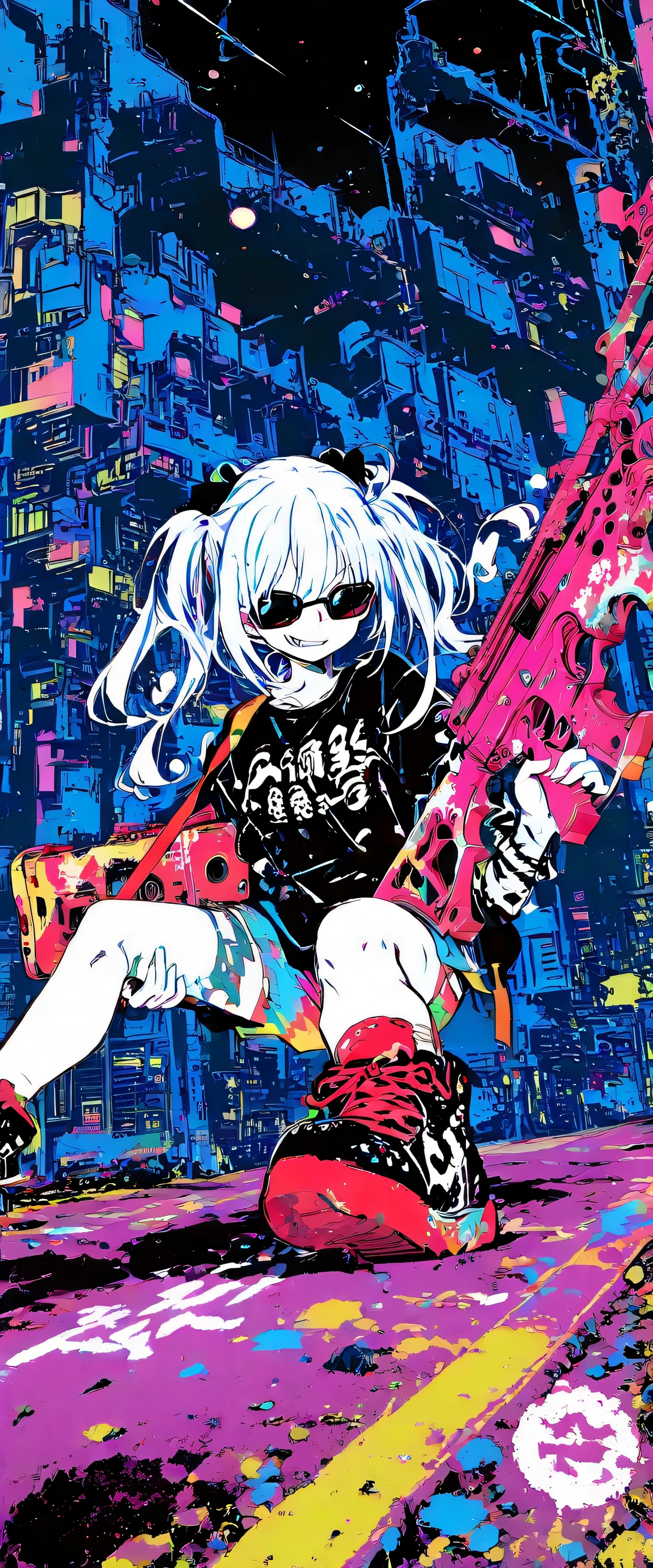 (beautiful girl:1.3),masterpiece,1girl,Ultra-high resolution,rich contrast,Very high quality,8k,Highly detailed CG unit wallpaper,Texture,RAW Photos,professional photograph,an extremely delicate and beautiful,Incredibly absurd,Depth of written boundary 1.2,((A girl carrying a machine gun is patrolling the city)),A large machine gun,She is wearing a black shirt,black sunglasses,(grin),A gangster girl with twin tails wearing black clothes,colorful,(dark:2.0),Set-Flat-Style,flat color,vector style,clean lines,miaomiao_hwm