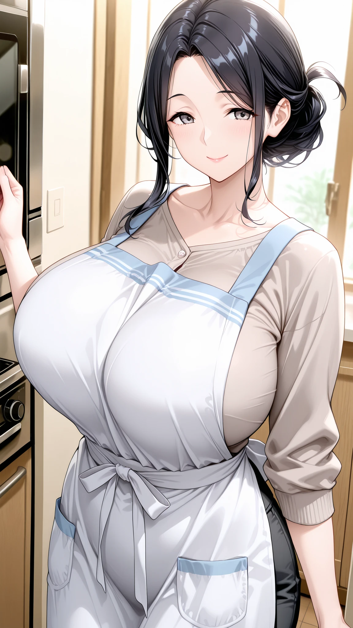 1 girl, mature, black hair, gray eyes, giant , casual clothes, apron, smiling, looking at viewer,
