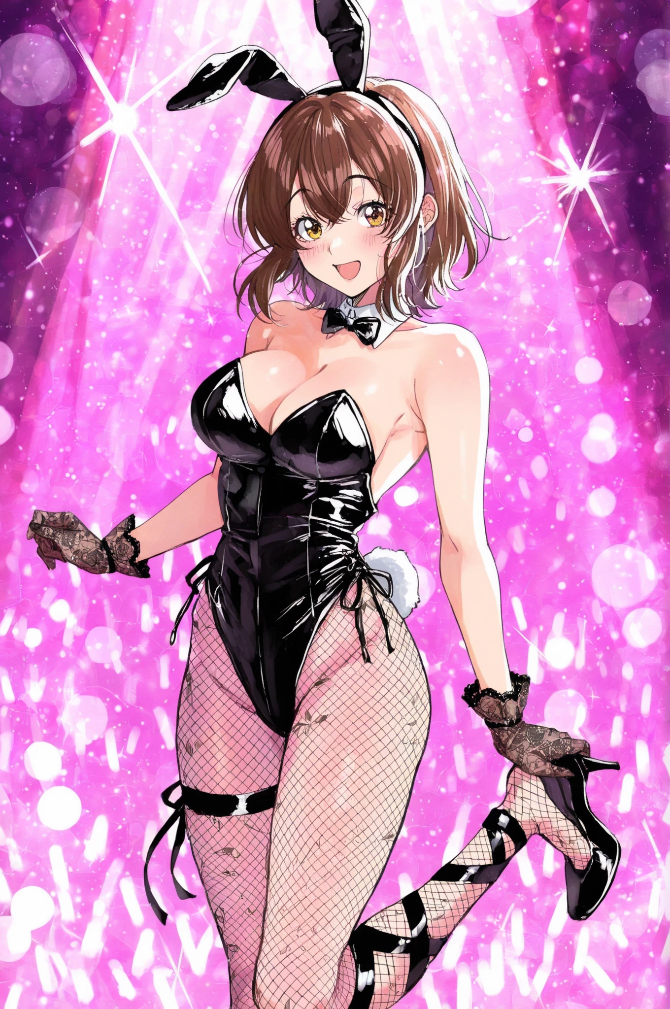Image of a slim white girl with long brown hair dressed in a black leotard, red high-heeled stockings and a headband with bunny ears, nightclub background doing strip dance