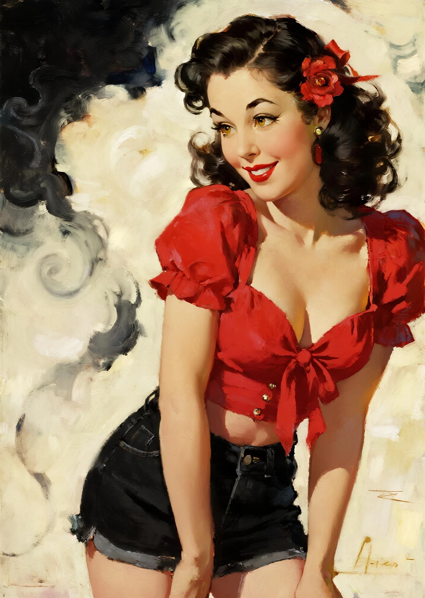 Classic pin-up girl in mid-20th-century style with dark, wavy hair and a playful expression. She wears a tight white top with a deep neckline and high-waisted red shorts, highlighting her hourglass figure. Her pose is lively, with one hand on her hip, set against a clear blue sky framed within an arch. Smooth shading, clean lines, and vibrant colors capture vintage glamour and confidence  <lora:vintagepinup:1>