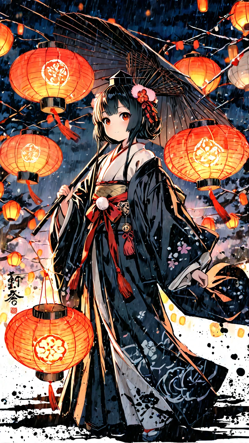 a woman sitting on a giant turtle with an umbrella and dragonfly, umbrella, japanese clothes, 1girl, solo, flower, hair flower, hair ornament, kimono, oil-paper umbrella, black hair