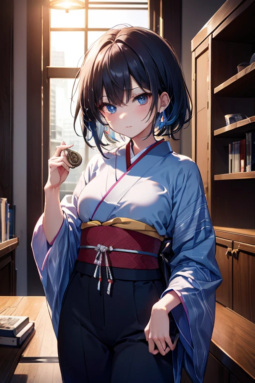 (a masterpiece of、top-quality:1.2)、ultra-detailliert、lighting like a movie、（（（Beautiful woman going out to summer festival）））、fair、A smile、woman wearing the kimono, bath robe, classy yukata clothing, Wearing a colorful yukata, in a kimono, Wearing a kimono, japanese kimono, in a kimono, Komono, wearing a haori, Dark blue yukata with morning glory pattern, A Japanese style, Wearing kimono,paper lanterns、The  is fluttering、squatting、big 、 thin waist、