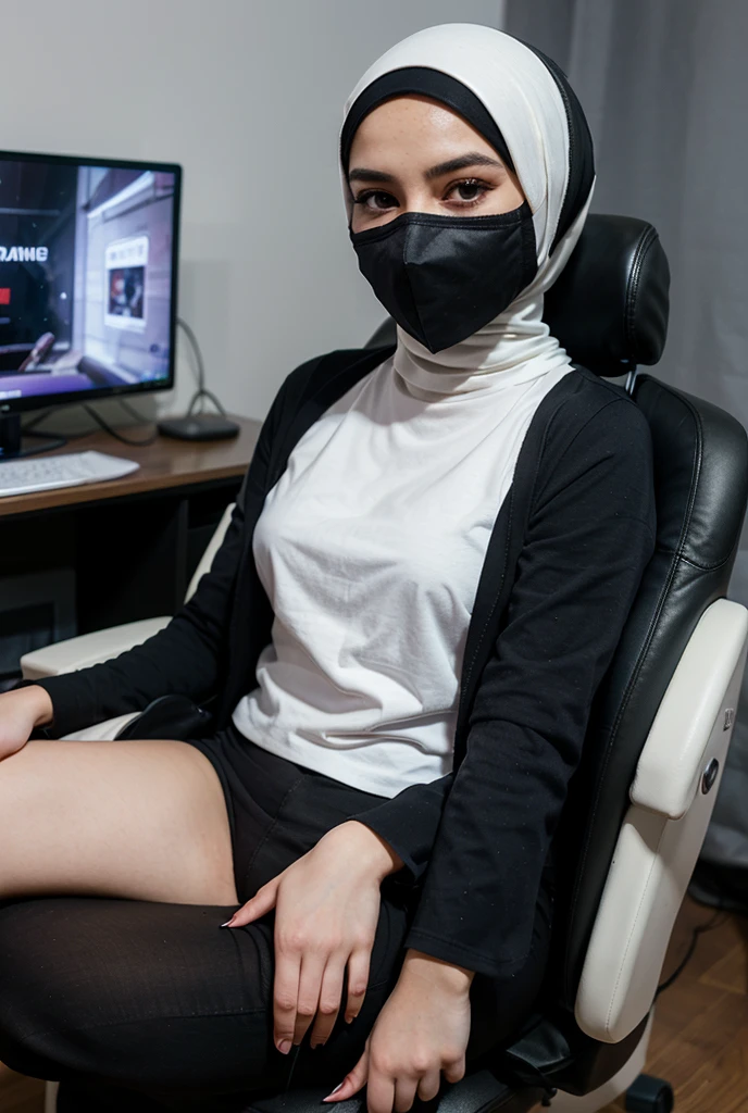 (1 mature girl), 48 years old, sitting on a chair in an office, ((wearing hijab)), wearing white long shirt, wearing fabric long pants, shot from above, wearing niqab, wearing mouth cover