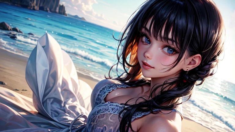 best qualitiy，nmasterpiece，extreamly delicate and beautiful，intensely detailed，CG，unified，8k壁紙，beautiful detailed girl，（very detailled face）， 1girls，独奏，Half-body，on the seashore，in a bikini，Giant tits
