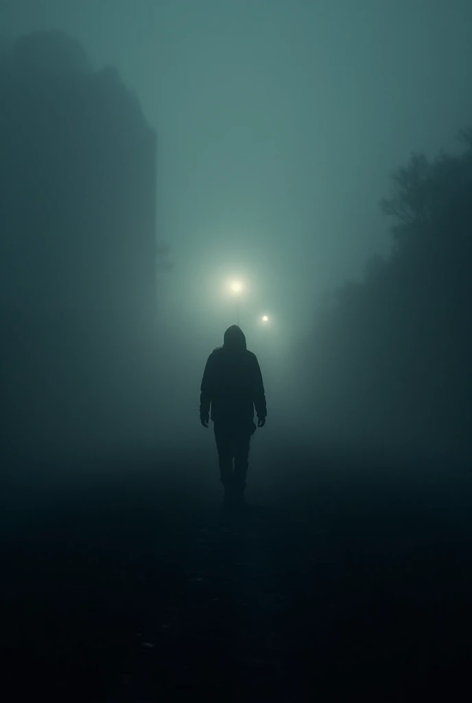 A lone silhouette walking through dense fog with faint city lights ...