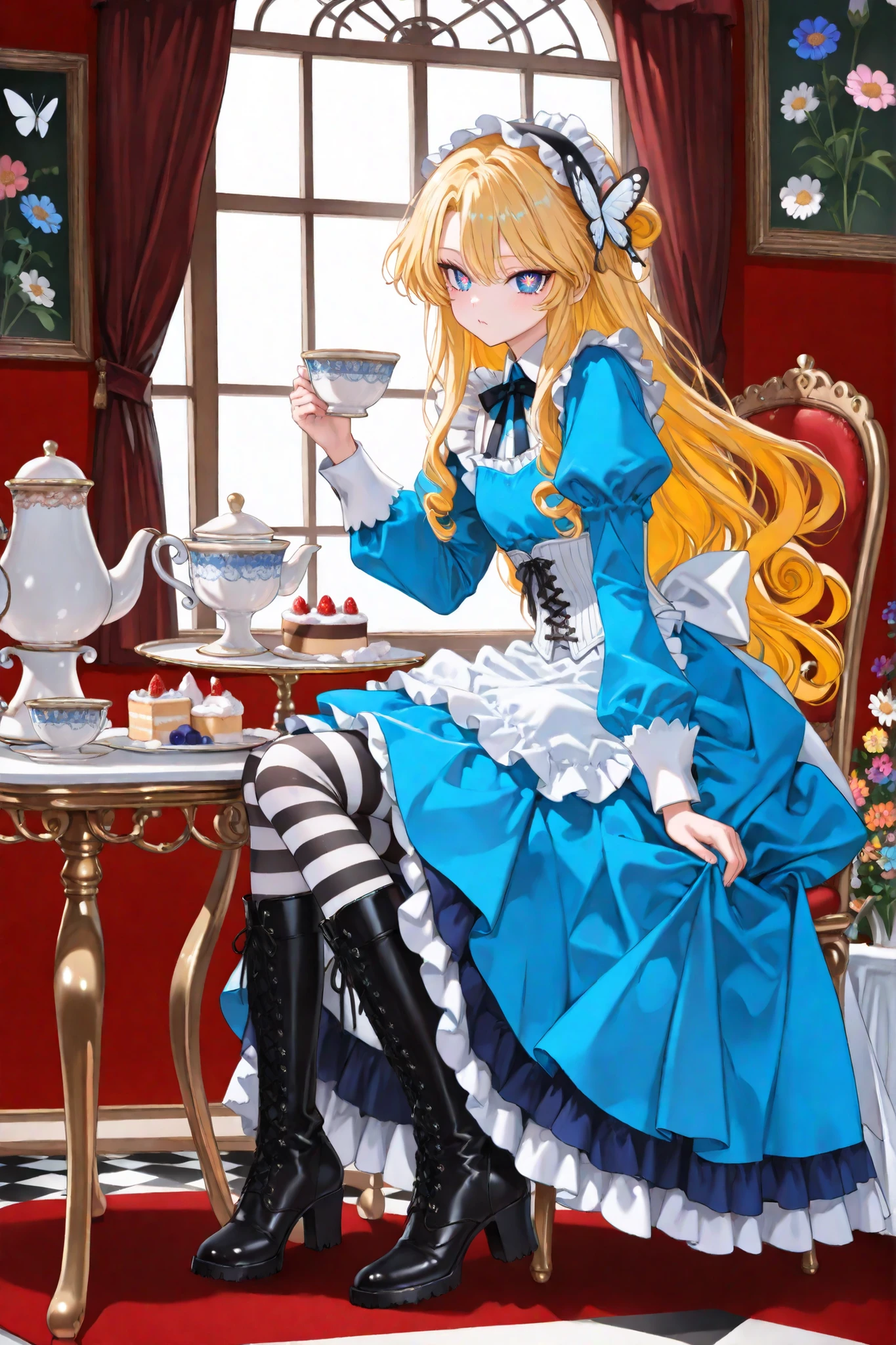 masterpiece, Highest quality, Portraiture, One Girl, (Alice in Wonderland:1.2), anime,Blue clothes, White apron, Blonde, blue eyes, Usagi, , Tea cup, White lace thigh high socks,  lift, Dynamic pose,Electro Swing
