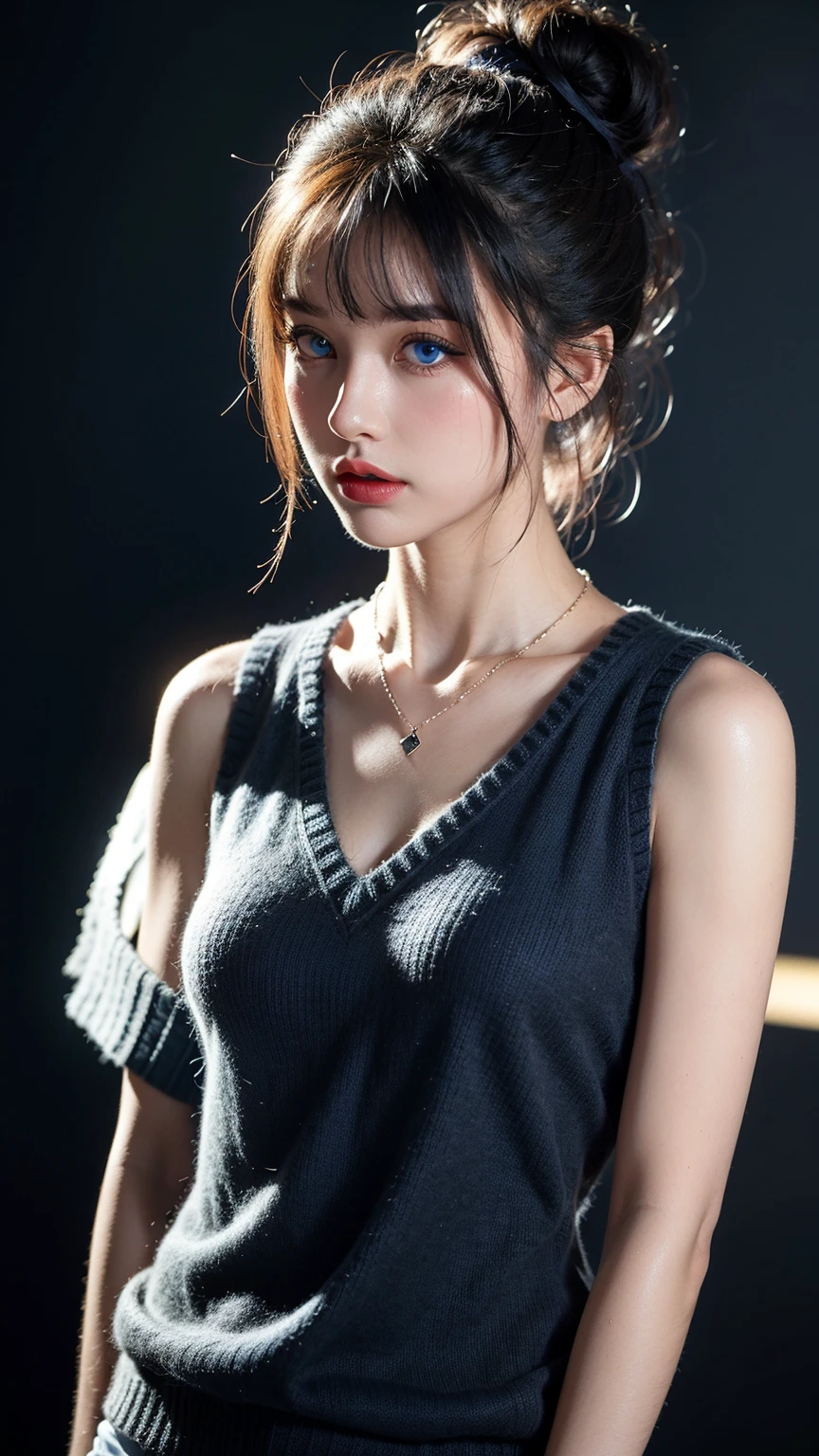 8K, Top Quality, Intricate Details, Ultra Detail, Ultra High Resolution, Masterpiece, full body,  Slender, Smile, (Makeup: 0.4), (Fluffy Blue Eyes: 1.21), blue Eyes, looking at viewer, ((full body)), 1girl, solo, 1 girl, (( full body)), , , ((tall)), (((fit body))), (((slim face))), sharp face, sharp eyes, (((black hair,  )) , (detailed face), sharp face, small lips,,
 (( )), (( torn crop top)),  detailed face, detailed , , large , detail , , Beautiful girl with accentuated slender abs: 1.4, Six Pack Abs: 1.4,  Botox, Big, Perfect Body, detail leg, (( dark background)), black background,