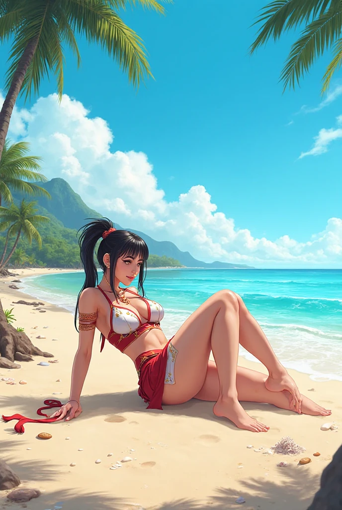 Tifa Lockhart, red eyes, anime girl laying on the beach with her legs crossed, seductive anime girl, beautiful alluring anime woman, Extremely detailed artgerm, Smooth anime CG Art, seductive tifa lockhart portrait, realistic anime 3 d style, beautiful alluring anime teen, belle femme anime, Nico Robin, Tifa Lockhart, photorealistic anime girl render, realistic ??????, realistic anime artstyle