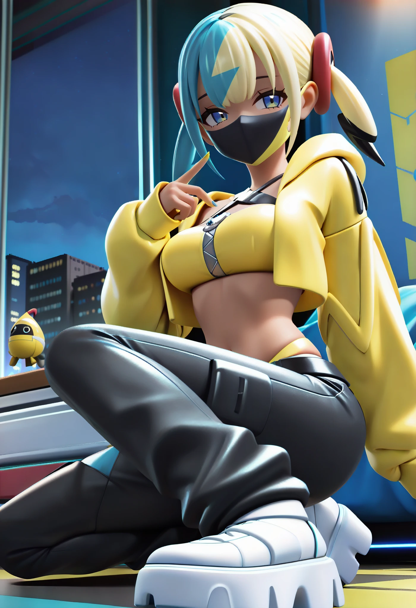 [(Score_9, score_8_up, score_7_up, score_6_up, score_5_up, score_4_up)], [(best quality, masterpiece, high res, 32k), (night, softlight, indoors, bedroom)]. [((Canari, pokemon legends Z-A)). (Appearance: dark-skinned female, two-tone parted hair, blonde hair tipped black, blue hair, twintails, blue eyes).
(Outfit: hair ornament, mouth mask, yellow jacket, hooded jacket, open jacket, long sleeves, sleeves past wrists, yellow bandeau, midriff, black pants, white footwear) (nail polish, yellow nails, blue nails)].