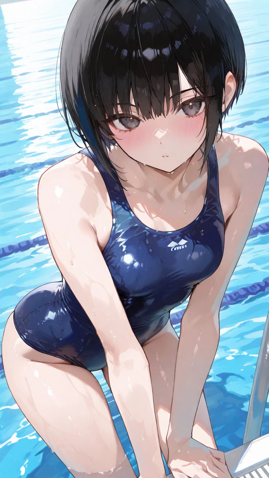 masutepiece, ​masterpiece、top-quality,  ultra-detailliert,、hight resolution, hight resolution、,8K Portrait, Unity8k wallpapers、extremely details CG, Highly detailed CG Unity 8k wallpaper、逼真, realperson,  Portrait photos,shinny skin, 1girl in(sixteen years old:1.5）、high-detail、Beautiful clear eyes、Ultra-fine depiction、delicated face、Lovely lips、 thin waist、Thin leg、女の子1人、(((small :1.5)))、(Navy School Swimsuit:1.3)、(Sit by the school pool:1.8)、((Spread your :1.8))、((knees up:1.5))、A smile、((close-up:1.5))