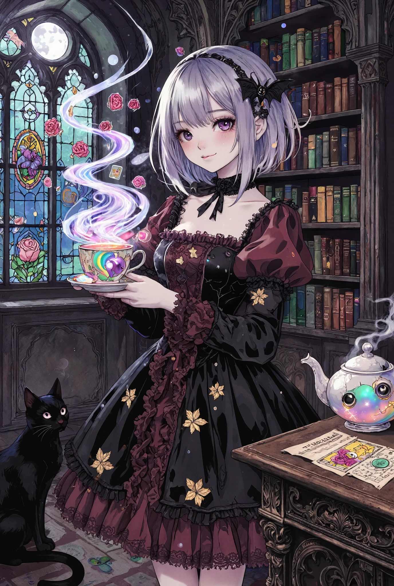 masterpiece, best quality, ultra-detailed, 8k, cinematic lighting, atmospheric Subject: A petite Tea Cup Witch with pale skin and large, hypnotic amethyst eyes in a detailed gothic lolita dress (black and burgundy, lace, ruffles, golden tea leaf patterns). Her messy silver-lilac hair is adorned with a bat-shaped hairpin. She stands in a vast, dimly lit gothic library with stained-glass windows, where shelves are filled with eclectic teacups instead of books. Action: With a mischievous smile, she holds up a cracked porcelain teacup. Instead of steam, a swirling, iridescent vortex of magic erupts from it. Inside the vortex, tiny, ethereal illusions manifest: flying teapots, whispering roses, Tarot cards with eyes, and grinning moon cats. Atmosphere & Details: The air is thick with floating tea leaves that glow like fireflies. A magical teapot on a nearby desk pours a rainbow liquid onto an ancient parchment, creating a puddle that morphs into a star chart. A black cat familiar with full-moon eyes watches from the shadows. Dramatic lighting from a moonbeam through the stained glass. Style: Gothic anime, in the style of Yoshitaka Amano and Kuvshinov Ilya, vivid colors (burgundy, violet, emerald, gold), high contrast, intricate details, fantasy art.
