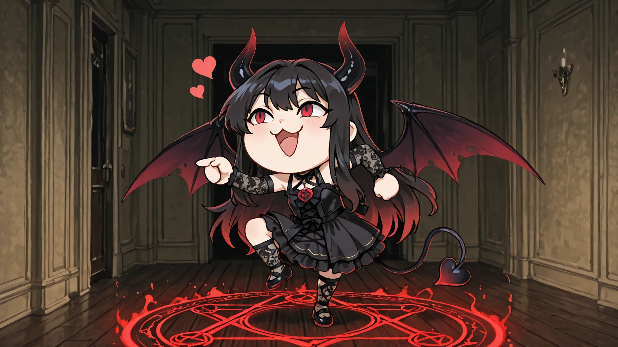 genba_neko,chibi,pointing,standing on one leg,:3,open mouth,meme,parody,,In a darkened room, a glowing red magic circle spreads beneath her feet, summoning a succubus at the very moment of her arrival.
Her long flowing black hair shimmers as it catches the light of the summoning glow.
Glossy black horns, dark wings spread wide, and a small heart-shaped tail.
She wears a gothic-style dress of black and gold, with silk and lace textures reflecting the fiery magical light.
The background is shrouded in darkness, with faint magical symbols glowing on the walls, while the floor’s magic circle radiates with intense crimson light.
She stands at the center of the circle, stepping forward with one foot, wearing a seductive and confident smile.
Ultra high quality, 2.5D style, Nova Cross XL model, emphasizing realistic light and shadow.