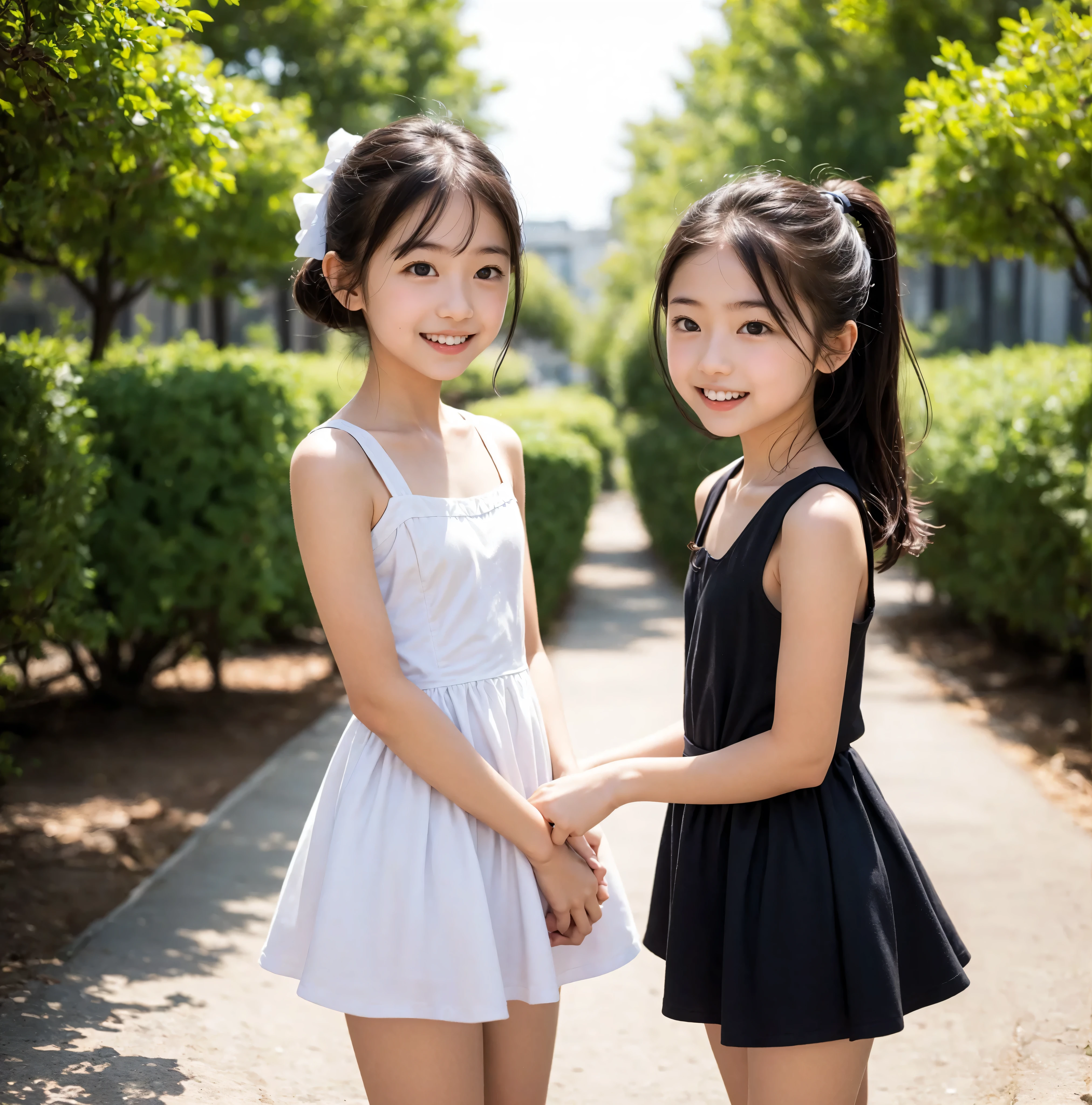 2 cute girls,((Highest Quality)),was photographed in the park,((Photo Quality)),(Slim:1.5),(detail),Tiny Chest,Narrow Shoulder,perfect face,Tank Dress ,ruffle dress,(skinny:1.3),(smile:0.5)