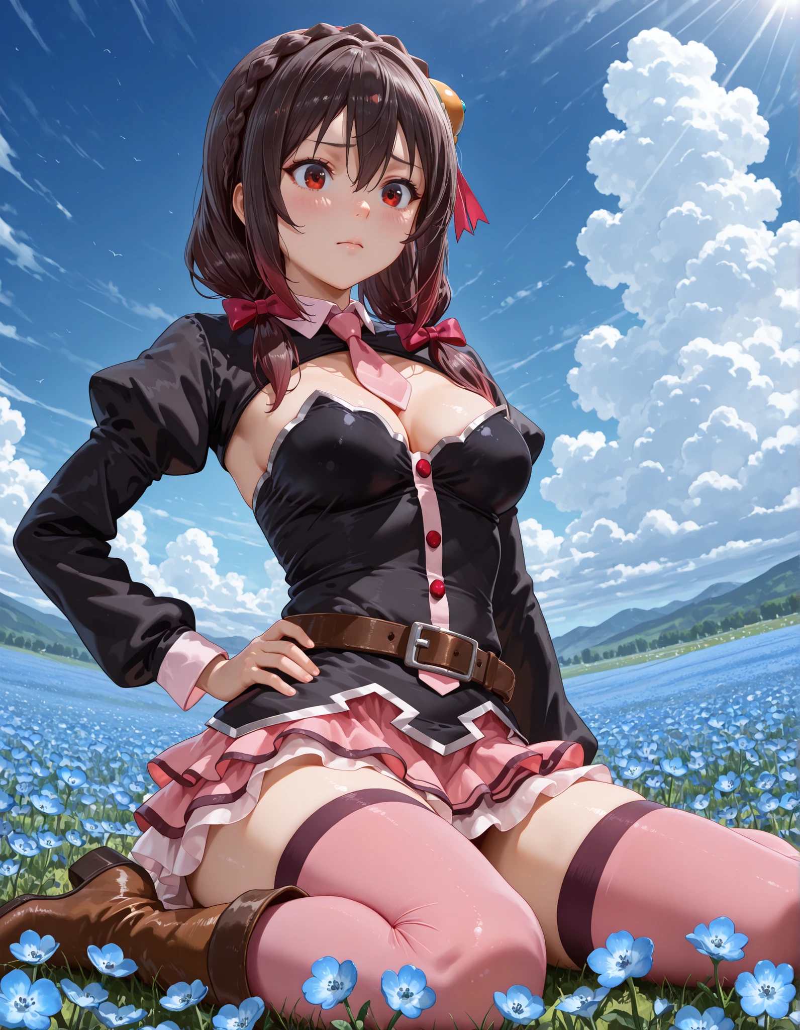 solo,sitting, wariza, (1girl, solo:1.3), masterpiece,best quality,amazing quality,((yunyun (konosuba), red eyes, hair ornament, braid, hair between eyes,low twintails, pink ribbon, bow, hair bow,belt, black dress, strapless dress, shrug (clothing), puffy long sleeves, cleavage, pink necktie, frilled skirt, layered skirt, belt, pink thighhighs, brown boots )), small chest, medium breasts, ((thighs)),cowboy shot, upper body, from below, (hand on hip:1.2) Outdoors, depth of filed, Light on Face, Portrait, Sunlight, skyporn, (field of Nemophila flowers) outdoors, (Nemophila:1.2) (realistic blue flower:1.1), (blue flower field look like sea), horizon, noon, detailed background
