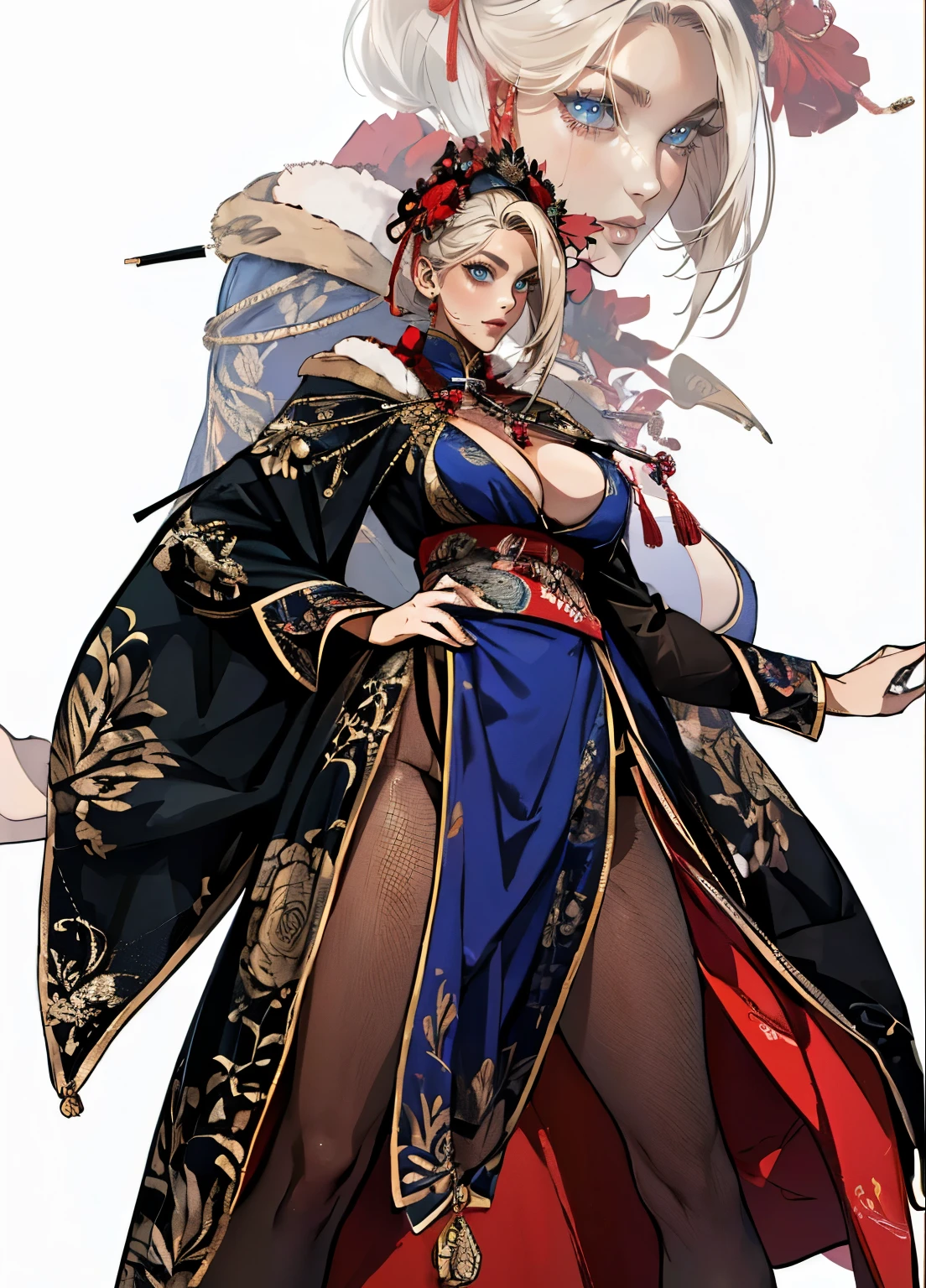 (absurdres, highres, super high resolution), Close-up of a person wearing a, (solo), (1girl:1.5), ((white background))), ((( clean background ))), ((( visible chest bone ))), (((Big breasts))), side slit skirt, Three Kingdoms of China costume, revealing costume, hair ornaments, (fishnet stockings), Short hair, White hair