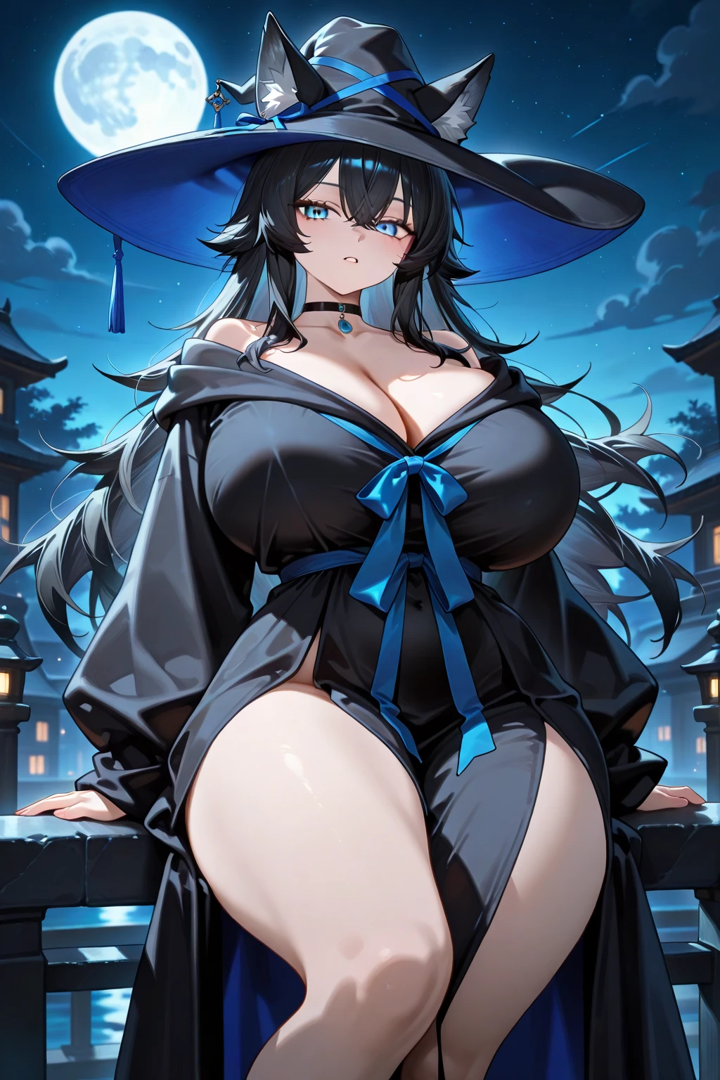 (big breasted),beautiful witch in (blue striped),seductive bikini,(dark magic,dark arts:black magic:1.2),standing on (a rocky cliff,a rugged mountain),surrounded by (ominous fog,misty atmosphere:1.1). She has (long flowing,curly) (dark brown,ebony) hair, (sparkling,inviting) (green,emerald) eyes, and (perfectly contoured,rosy) lips. The witch is (casting a mesmerizing spell,raising her hands in a mystical gesture), with (curls of blue smoke,sparks of ethereal energy) emanating from her fingertips. The sky above is (filled with swirling black clouds,covered in a blanket of twinkling stars), creating an (eerie,otherworldly) ambiance. The scene is illuminated by a (moonlit glow,soft,warmlight) that adds a touch of (mystery,enchanted allure) to the witch's (alluring,sultry) appearance. The overall style of the artwork is (painterly,with bold brushstrokes), giving it a (dramatic,expressive) feel. The colors used are (deep blues,rich purples), accentuated by (subtle hints of silver,glimmers of gold), which adds to the (magical,otherworldly) atmosphere. The level of detail is (extremely high:1.1), capturing every intricate feature of the witch and the surrounding environment.