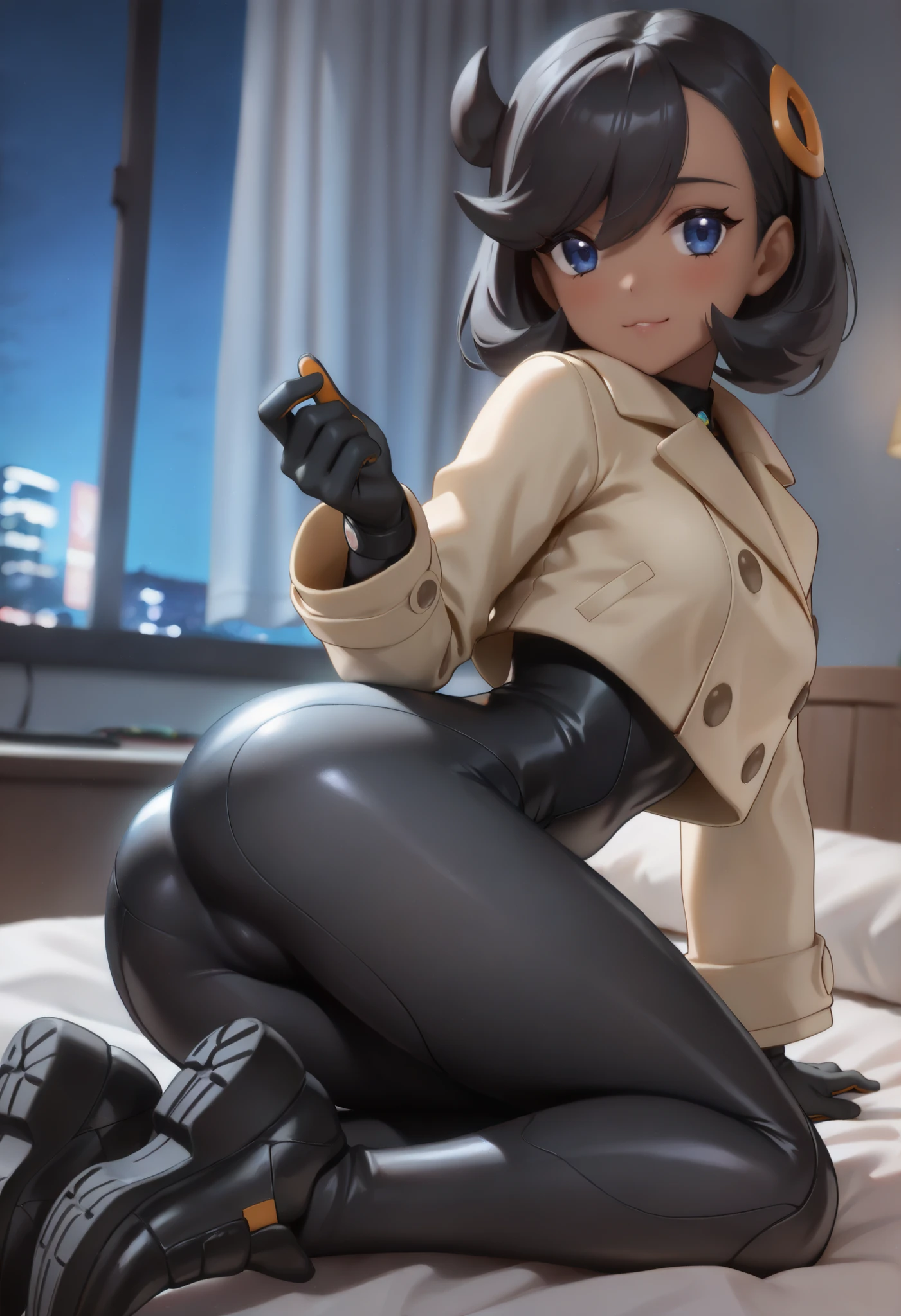 [(Score_9, score_8_up, score_7_up, score_6_up, score_5_up, score_4_up)], [(best quality, masterpiece, high res, 32k), (night, softlight, indoors, bedroom)]. [((Emma, pokemon legends Z-A)). (Appearance: dark-skinned female, hair pin, black hair with a tuft sticking up, blue eyes).
(Outfit: cropped jacket, tight black , black gloves with orange palms, black footwear)].