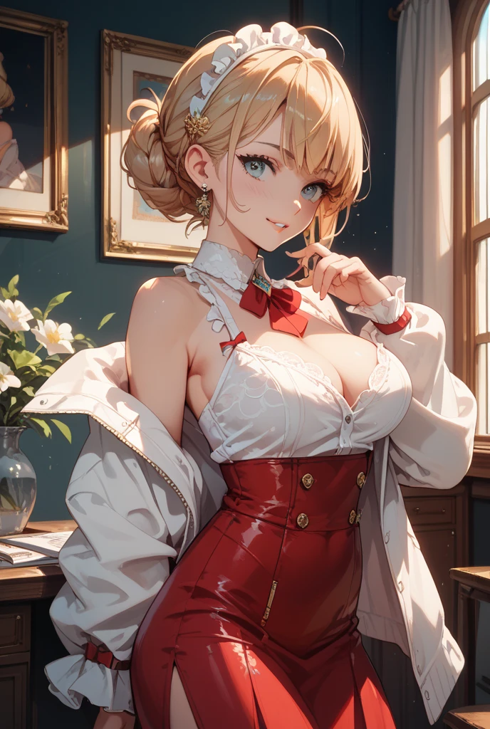 (Masterpiece), (4k), ) (vivid colors), (evening light) 40 year old blonde woman, dressed as a successful MILF businesswoman with a seductive pose and look, dressed in a low-cut red blouse with part of her white lace bra sticking out, a short black floral skirt in the living room of her house