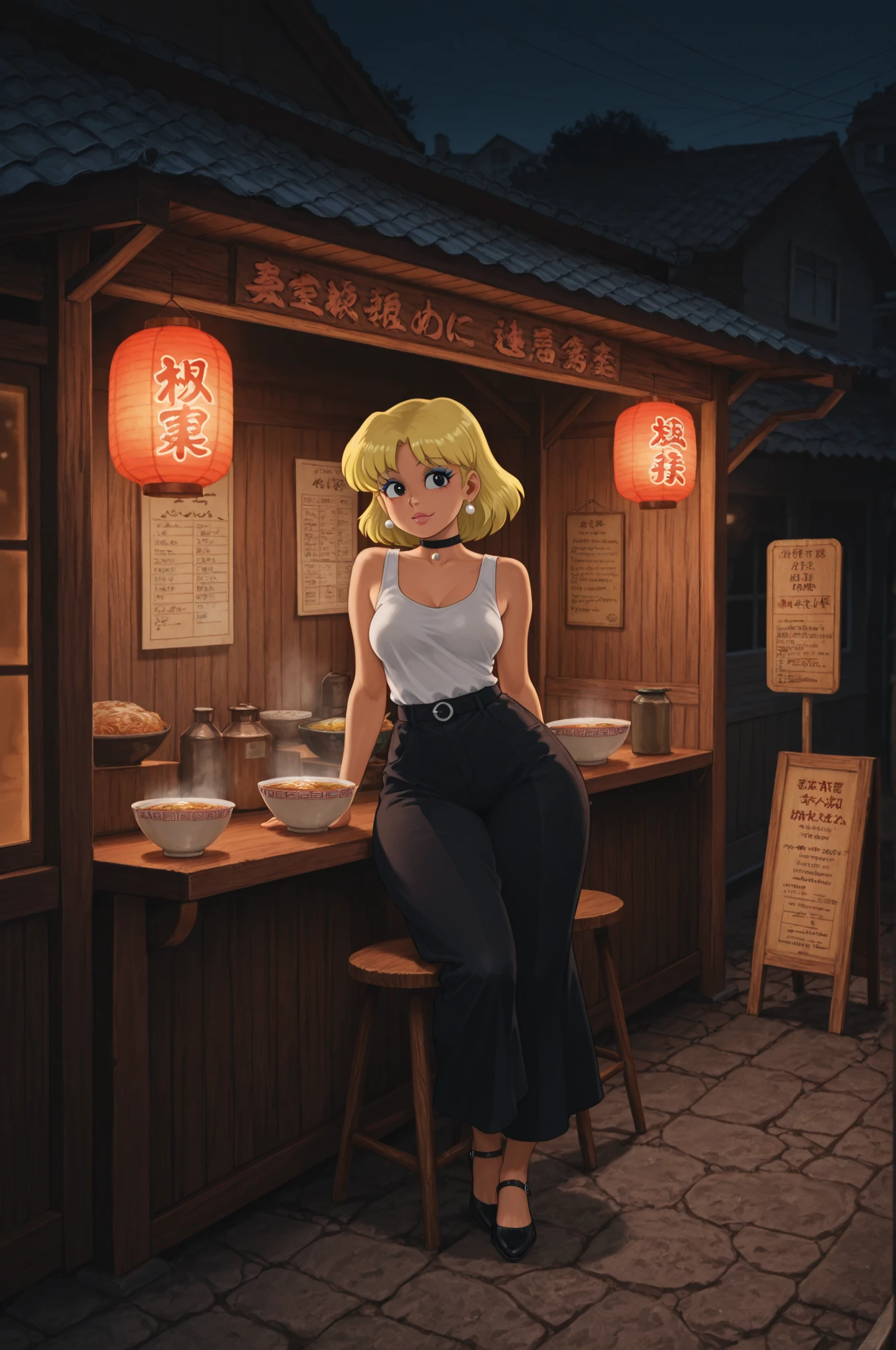 Lori Loud . , huge , blonde hair , black eyes , blue eyeshadow , pink lips, pearl earrings , white earrings . choker . | A nostalgic 1960s Japanese ramen street stall at night in a quiet rural town, glowing red paper lanterns, a small wooden sign above the stall that reads "Ramen" in bold letters, an old paper menu posted on the side of the stall that says "One bowl 10 BUZZ" in English, steam rising from hot bowls of ramen, warm lantern light illuminating the counter and stools, surrounded by dark streets and traditional wooden houses, Showa-era retro atmosphere, cinematic lighting, ultra detailed textures, photorealistic, 8K