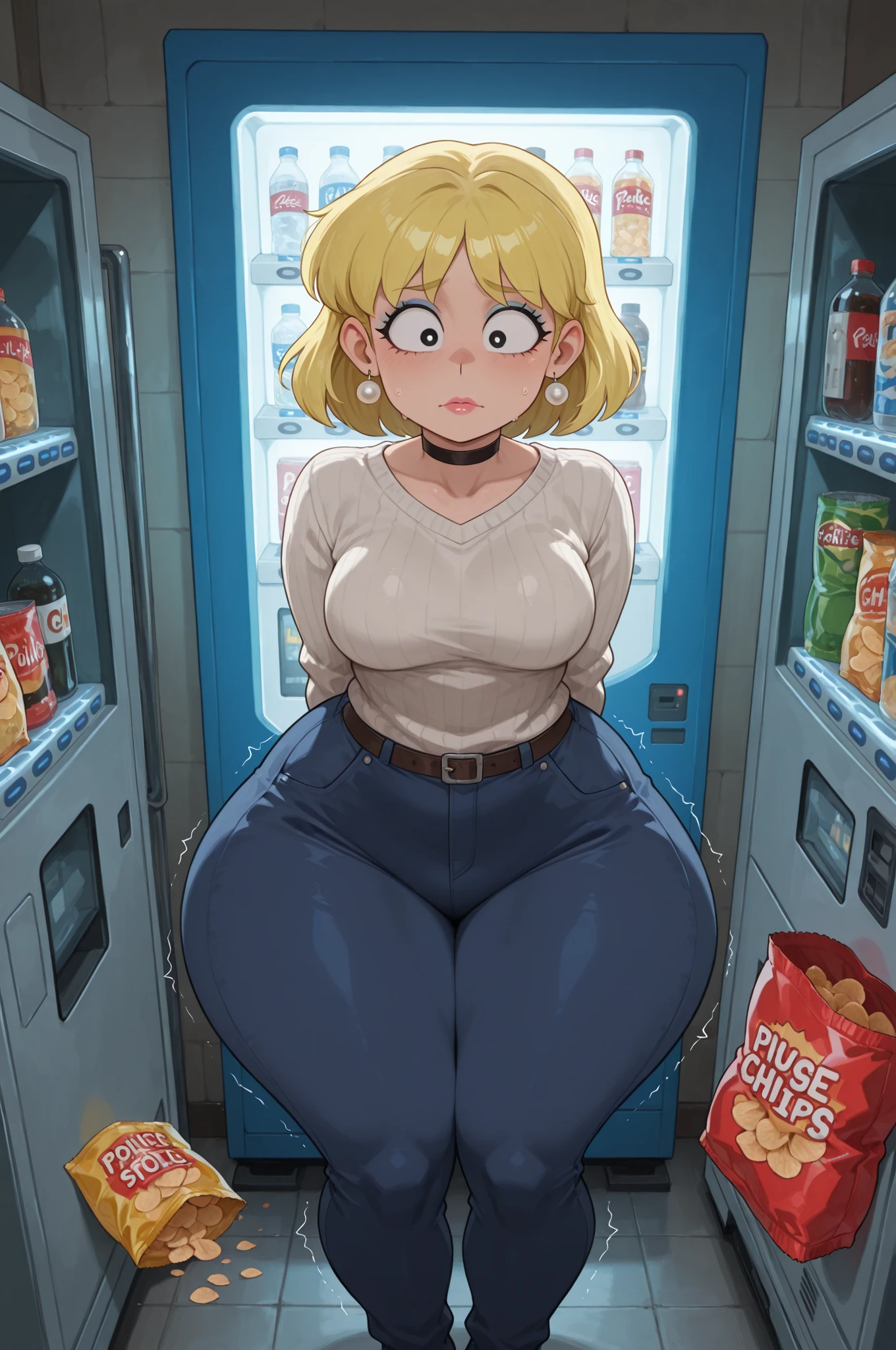Lori Loud . medium breasts , huge hips , blonde hair , black eyes , blue eyeshadow , pink lips, pearl earrings , white earrings . choker . |  A bumbling thief has gotten himself stuck inside a large vending machine, his legs dangling out while his head and arms are trapped among the snacks. Bags of chips and candy bars are spilling out everywhere, and a police officer is standing nearby, shaking his head in disbelief. The robber’s face shows panic, but he’s still trying to reach for a bag of chips. The brightly lit convenience store setting adds to the absurdity as customers take photos with their phones, sweater
