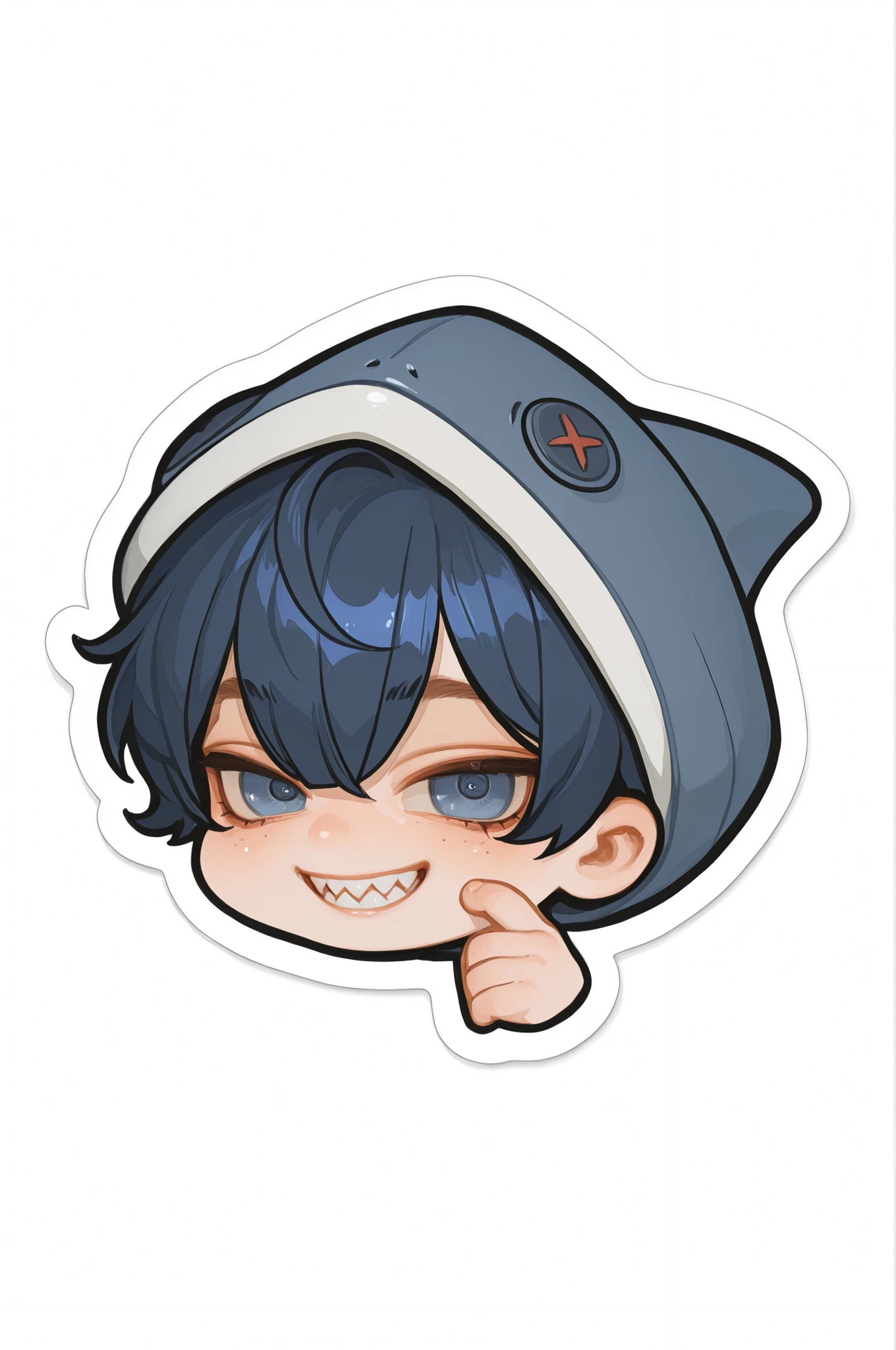 semi-realistic midjorney chibi art style of a chubby young man. Chibi, Hes got dark blue emo cropped bangs that cover his eyes completely. Hes got a chubby soft and round cherubic face with pale skin. Hes got sharp teeth grin. He has a chubby body with soft chest and thick thighs. Wearing a black hoodie shark kigurumi with a shark hood that has fake teeth and button eyes. Wearing his hood on. He has black jeans with chains dangling from his jeans loops and wearing spiked bracelets and black doc Martin boots. Wearing a shark themed charm on his jeans loop.  Fat, male, masculine, man, obese, dynamic pose siting on a tire