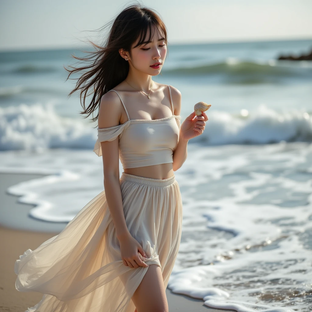 One lady、((best qualtiy、8k masterpieces:1.3))、foco nítido:1.2、(ultra beautiful faces:1.0)、(shinny skin:1.0)、photos realistic、A dark-haired、Video Lighting、High-definition eyes and face、Video Lighting、(Korean Cute Actress)、from the front side、medium breasts、ssmile、Sleeveless、Slender Abs Beauty、Whole body、Wearing a white blouse、On the beach at night