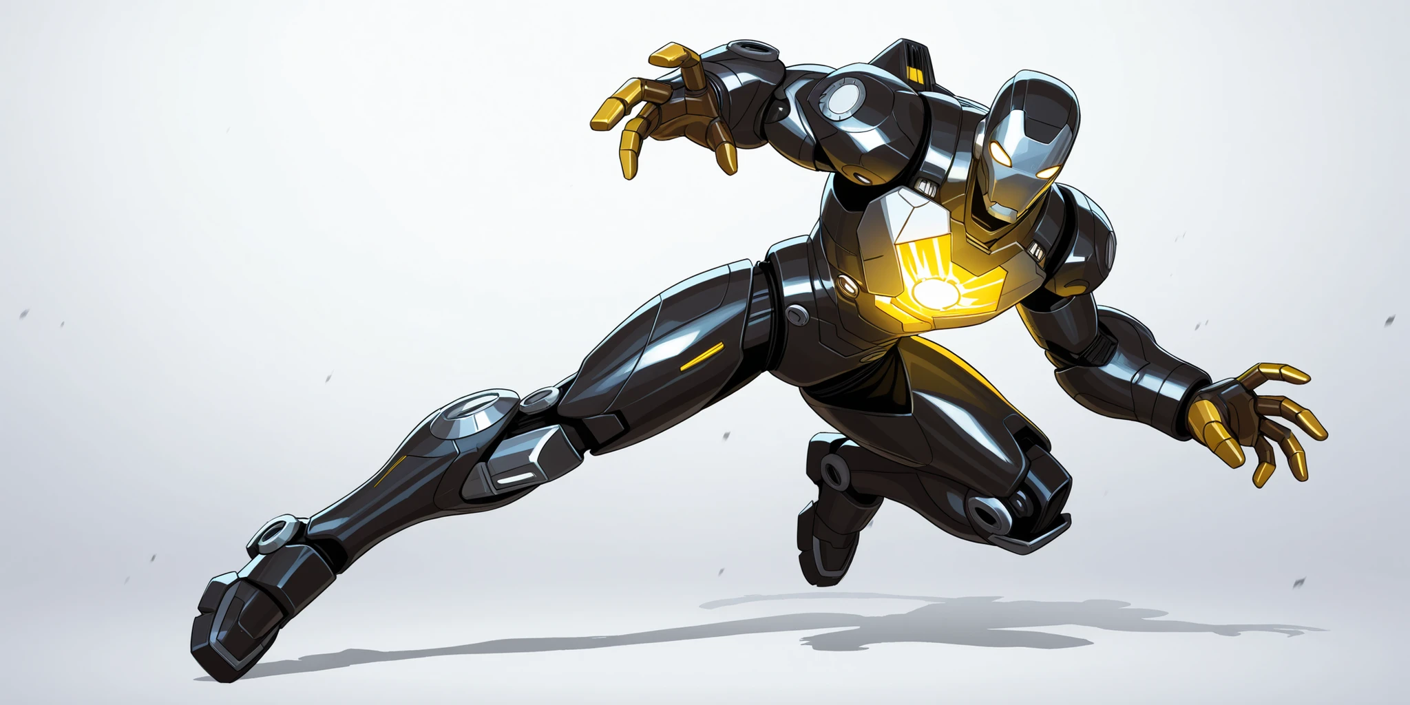 Ironman wearing a black titanium armor with silver accents, with yellow faceplate and yellow fingers, heavy, mechanical, bulky thick metal plates on legs and arms, glowing chest core, 2D cartoon style, cinematic depth, moody lighting, white background, The lighting is cinematic, dramatic lighting, high tech , 8K ultra HD, high quality, highly detailed brush texture, cartoon style, front view, dynamic flying superhero pose, bold black outlines, full body 