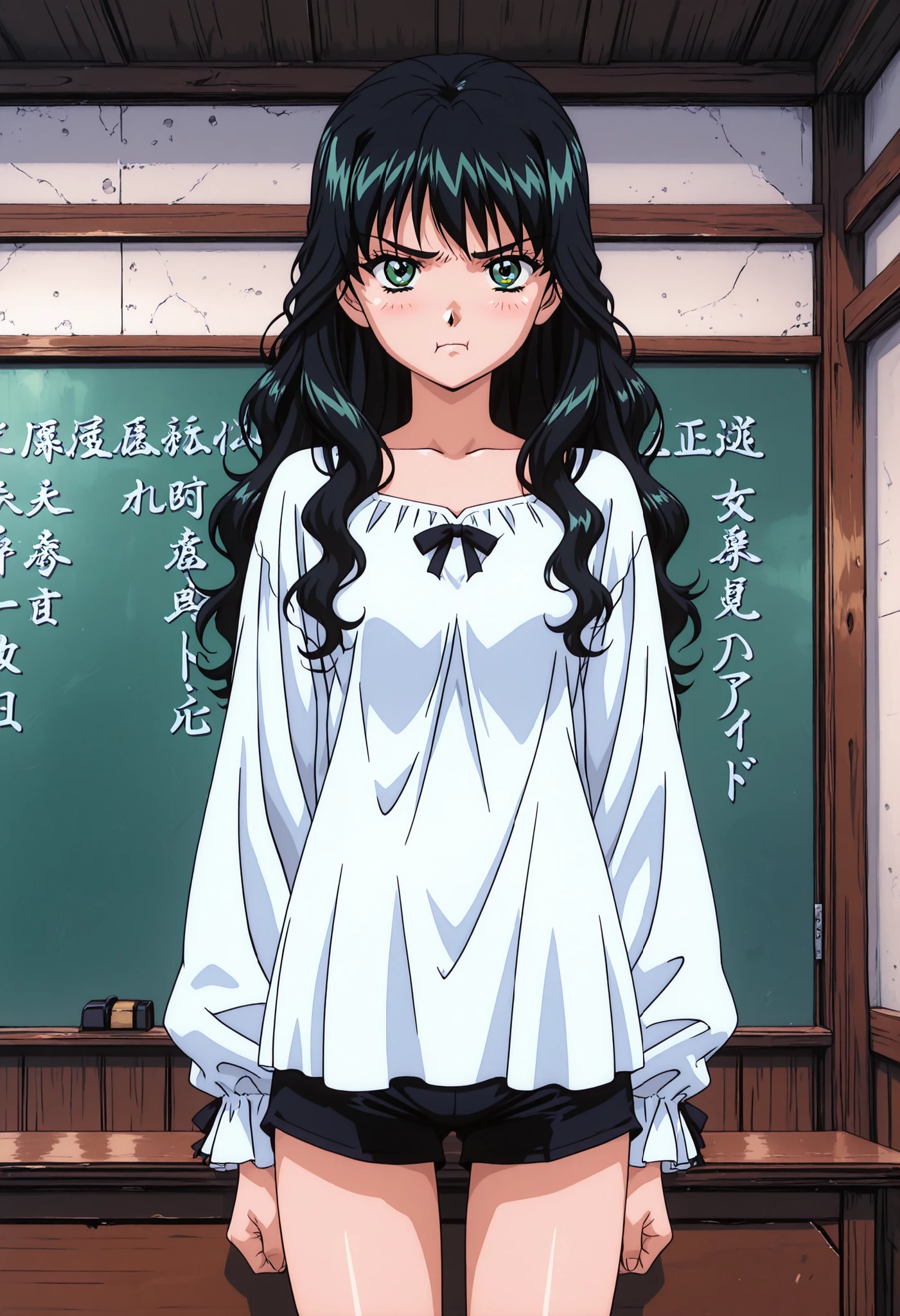 Mathieu Piece, Highest Quality, [Illustration], super detailed, fine-grained, high definition, 8K Wallpaper, perfect dynamic configuration, beautiful detailed eyes , 1990s (style), 1980 (style), retro art style, girls, long black hair, green eyes, grumpy face, wavy hair, fitted body,  Like a pirate , At the office, Highest Quality, masterpiece.wear a black gymnastics bloomer, High Legs、White Blouse, cowboy shot、