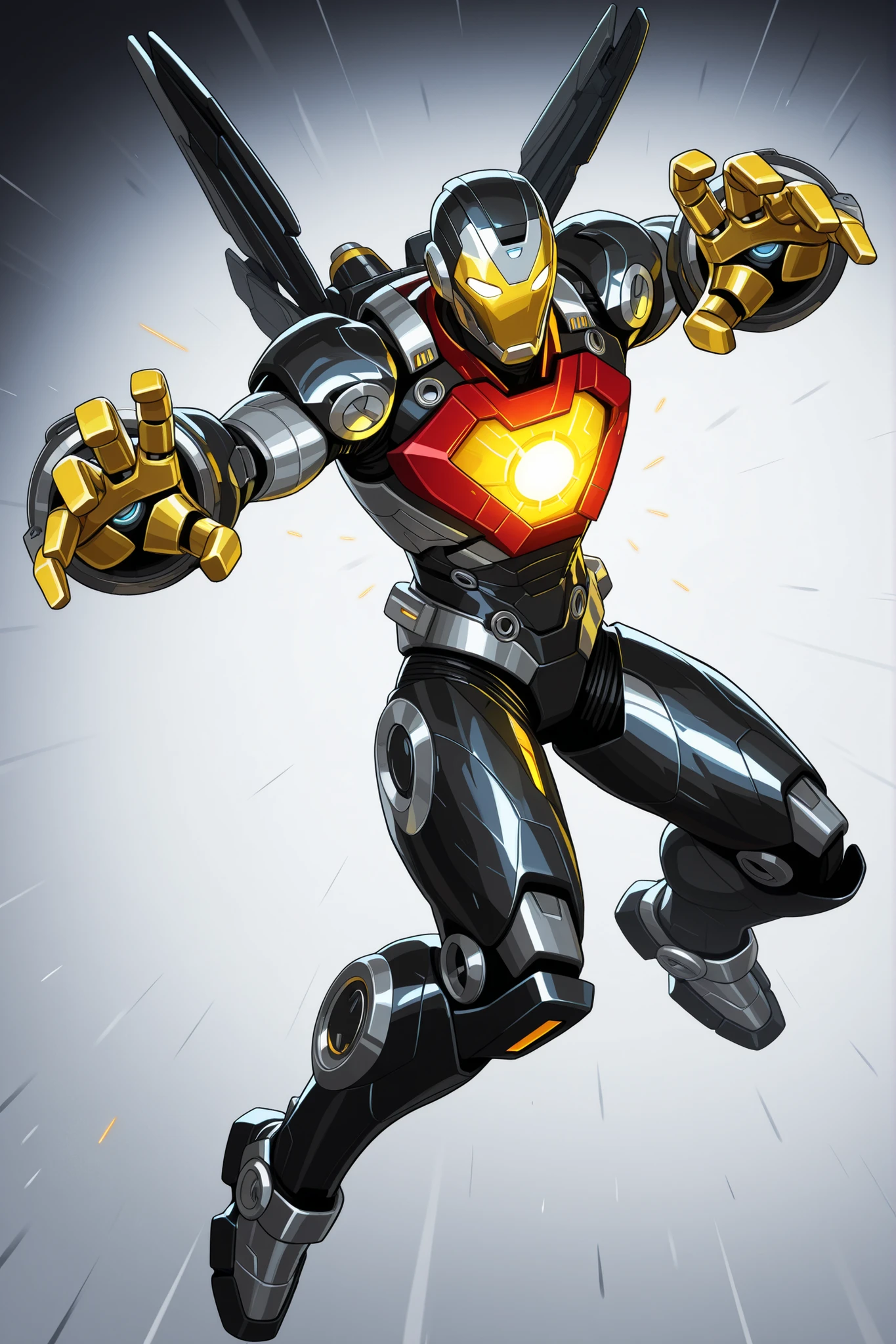 Ironman wearing a black titanium armor with silver accents, with yellow faceplate and yellow fingers, heavy, mechanical, bulky thick metal plates on legs and arms, ignition coming out of the leg thrusters, glowing chest core, 2D cartoon style, cinematic depth, moody lighting, white background, The lighting is cinematic, dramatic lighting, high tech , 8K ultra HD, high quality, highly detailed brush texture, cartoon style, front view, dynamic flying superhero pose, bold black outlines, full body