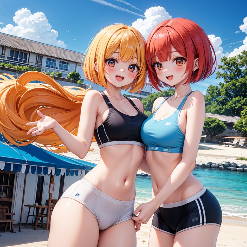 two women in bikinis standing on a rock near the ocean, realistic bikini, two beautiful anime girls, made with anime painter studio, anime girls,  anime style, is wearing a swimsuit, bikini. background of hell. , full body:: sunny weather::, pixiv 3dcg, painted in anime painter studio, swimsuit, at pixiv