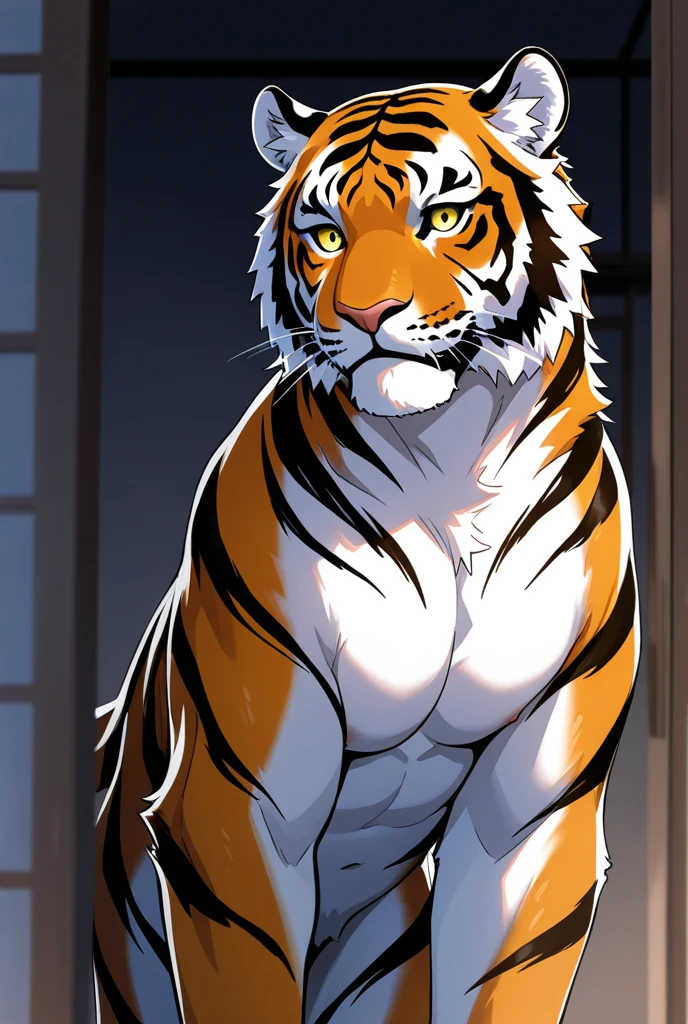 furry, anthro, male, ((solo)), whitetiger, white fur, white skin, tiger pattern, huge body,(cute:1.8)
(((((by luwei, by rossciaco, by kumayaki)))by null-ghost, by estper, by sollyz, by takemoto_arashi, by milkytiger1145)) (by bakemonoy, by istani, by hyaku:0.5)
(((high detail:1.2, absurd res, good , eye highlight)))
(mature, masculine,Bodybuilder,strong pecs,vascular veins,huge pecs, manly, handsome, very smug smirk,),(bulging (biceps:1.5), bulging triceps, massive lats:1.5),(Flexing, Revealing Abs),((detailed eyes, black thick eyebrows)), 
, , ((face focus, Grin face, open mouth)) (saliva, bodily fluid)
blush, ((bedroom eyes, narrowed eyes)),
indoors, bedroom
((looking at viewer)), (((Front angle view)))), (( )),(Hyper long :1.4)),(), (Thick ), Sniff Armpit, (Nake:1.7), (<3:1.4), (Visible Abs),(Sixpack), (Swoll), (Hyper Muscle),(Scar on face: 1.8),