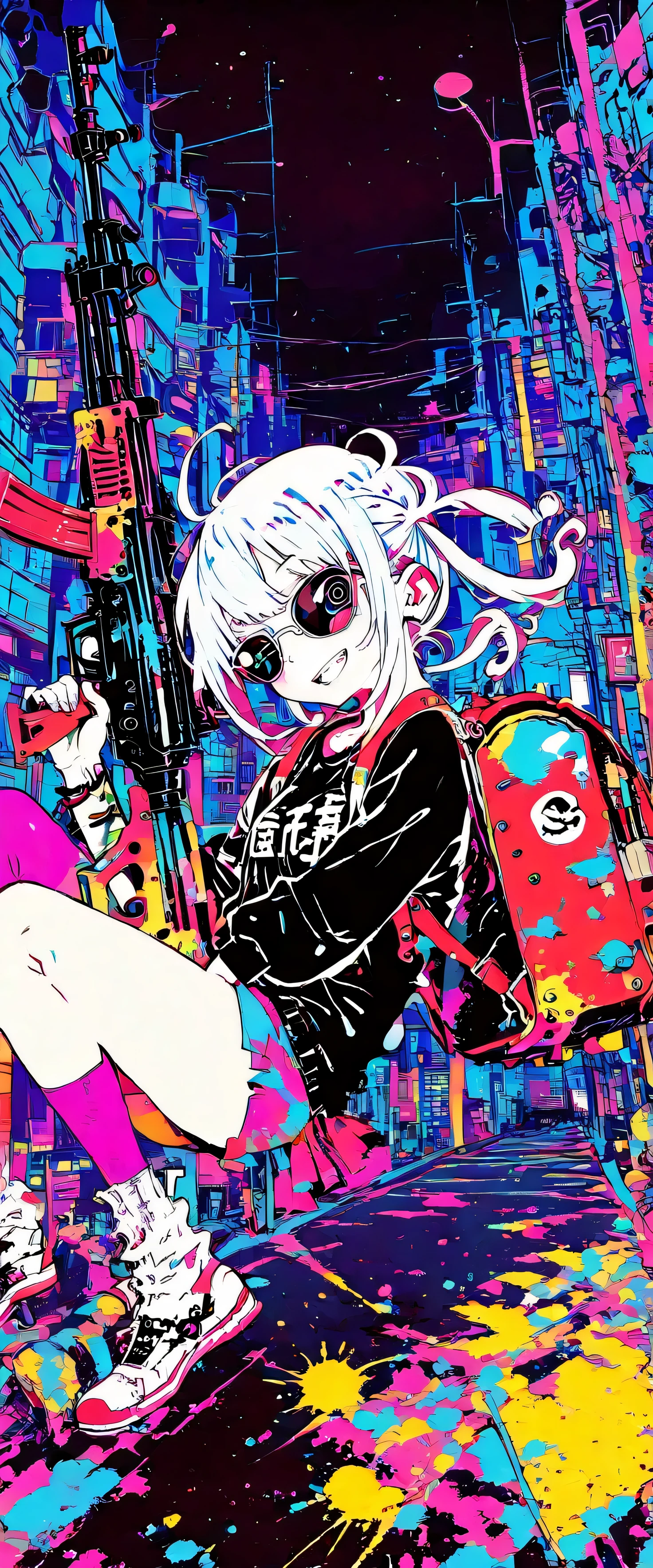 (beautiful girl:1.3),masterpiece,1girl,Ultra-high resolution,rich contrast,Very high quality,8k,Highly detailed CG unit wallpaper,Texture,RAW Photos,professional photograph,an extremely delicate and beautiful,Incredibly absurd,Depth of written boundary 1.2,((A girl carrying a machine gun is patrolling the city)),A large machine gun,She is wearing a black shirt,black sunglasses,(grin),A gangster girl with twin tails wearing black clothes,colorful,(dark:2.0),Set-Flat-Style,flat color,vector style,clean lines,miaomiao_hwm