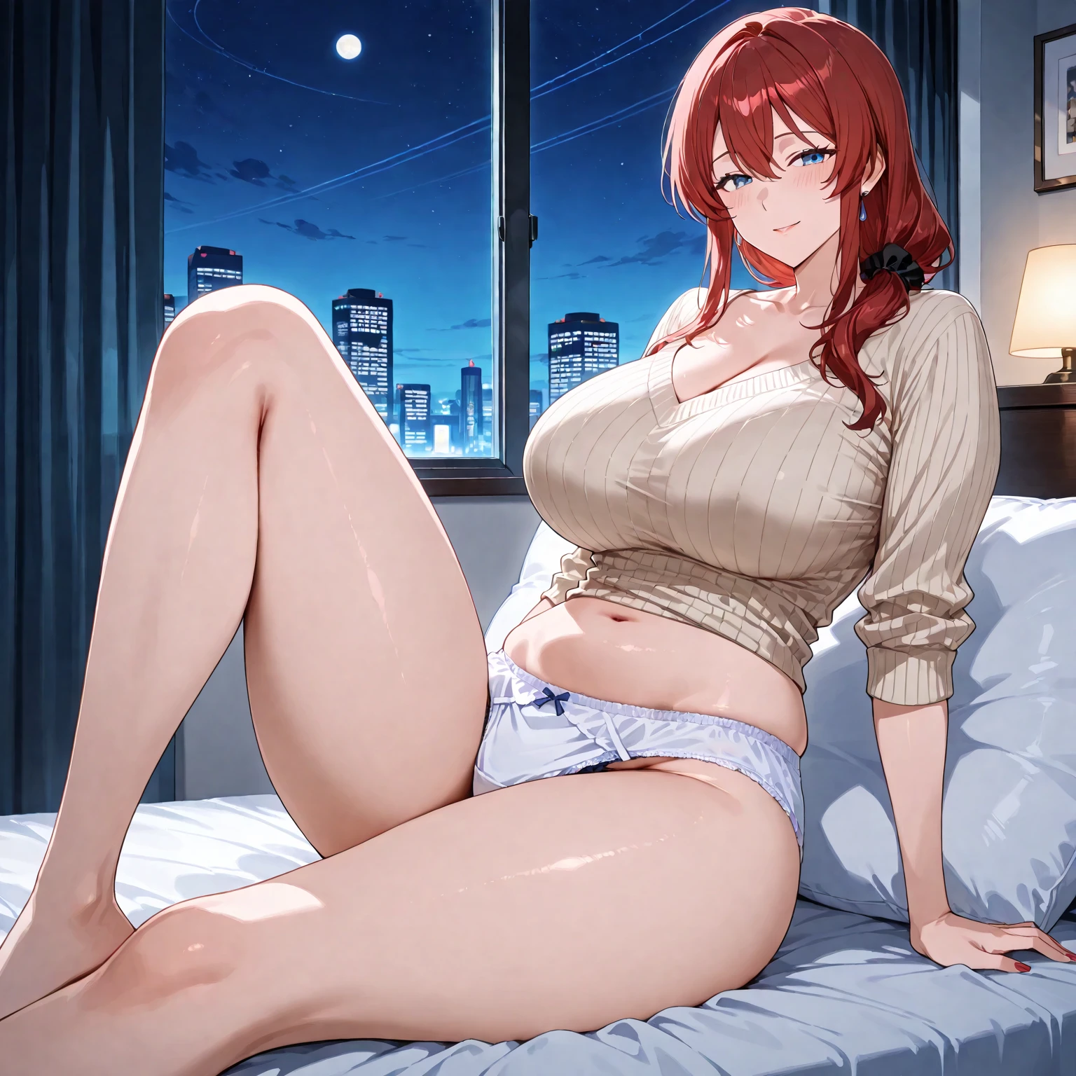 score_9, score_8_up, score_7_up, score_6_up, score_5_up, score_4_up, source_anime, masterpiece, best quality, 1girl, solo, vassago, dynamic angle, indoors, bedroom, dark, (night), moon, lying, on side, on bed, sleeping, navel, pussy, huge breasts, nipples, huge ass, red hair, very long hair, bangs, closed eyes, closed mouth, earrings, blush, perfect hands, <lora:Perfect Hands:1>, <lora:StS_detail_slider_v1:4>, <lora:add-detail-xl:0.5>, <lora:Vassago_style_for_Pony_XL:0.8>