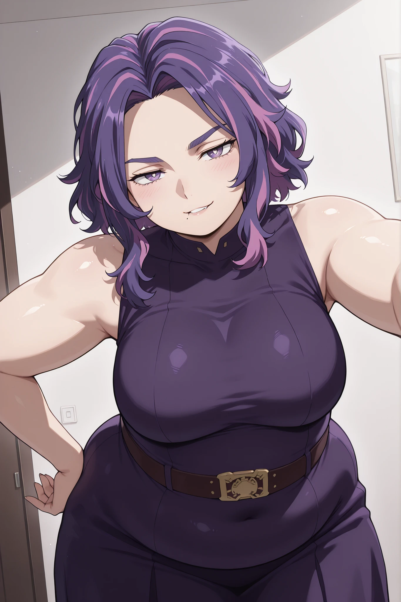 chubby,plump,WeightChubby,chubby,plump,WeightChubby,Lady Nagant,kabedon on viewer,Lady Nagant,shiny skin,looking at viewer,seductive smile,open mouth,teeth,biting lip,adult, milf,mature looking woman,blushing,source_anime, hires image, masterpiece, best quality, newest, masterpiece, best quality, 4k, 1girl, purple eyes, white pupils, purple hair, pink hair, short hair, multicolored hair, breasts, medium breasts, bare shoulders, anime athletic build,mature woman,biceps visible,standing up,indoors,bedroom, leaning towards viewer, narrow waist,curvy,attractive female,attractive, juicy thighs,cowboy shot, facing viewer,wide hips, leaning forward, head tilt,dynamic angle, hand on own hip, kabedon on viewer, leaning forward, face to face, in front of viewer,other hand resting on hip,high quality fingers,one hand above viewer,dress, purple dress, bare shoulders, sleeveless, belt,