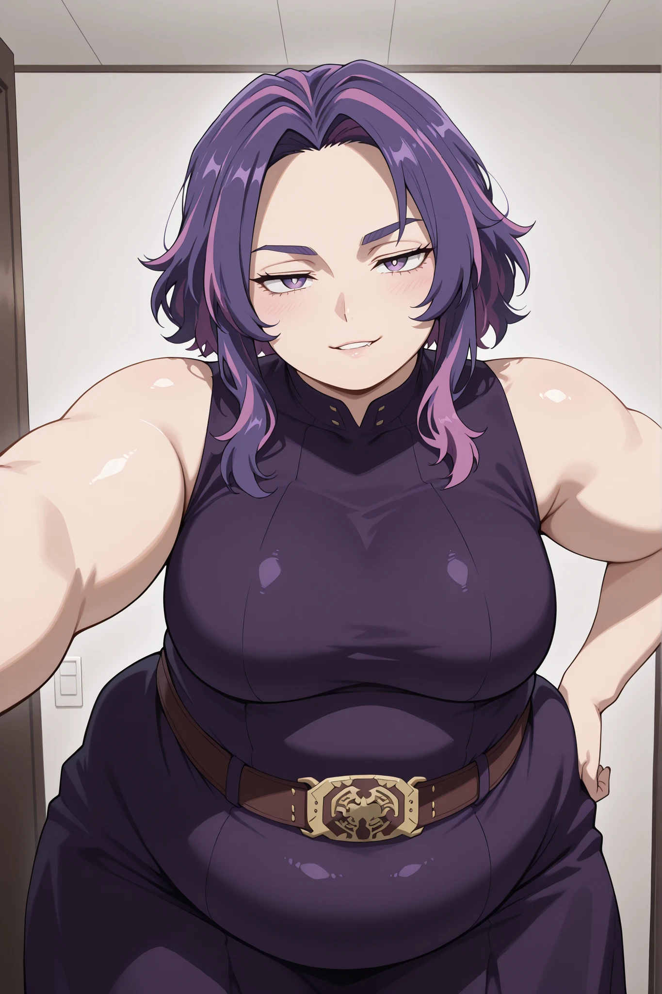 bloated belly,obese,fat,plump,WeightObese,Lady Nagant,kabedon on viewer,Lady Nagant,shiny skin,looking at viewer,seductive smile,open mouth,teeth,biting lip,adult, milf,mature looking woman,blushing,source_anime, hires image, masterpiece, best quality, newest, masterpiece, best quality, 4k, 1girl, purple eyes, white pupils, purple hair, pink hair, short hair, multicolored hair, breasts, medium breasts, bare shoulders, anime athletic build,mature woman,biceps visible,standing up,indoors,bedroom, leaning towards viewer, narrow waist,curvy,attractive female,attractive, juicy thighs,cowboy shot, facing viewer,wide hips, leaning forward, head tilt,dynamic angle, hand on own hip, kabedon on viewer, leaning forward, face to face, in front of viewer,other hand resting on hip,high quality fingers,one hand above viewer,dress, purple dress, bare shoulders, sleeveless, belt,