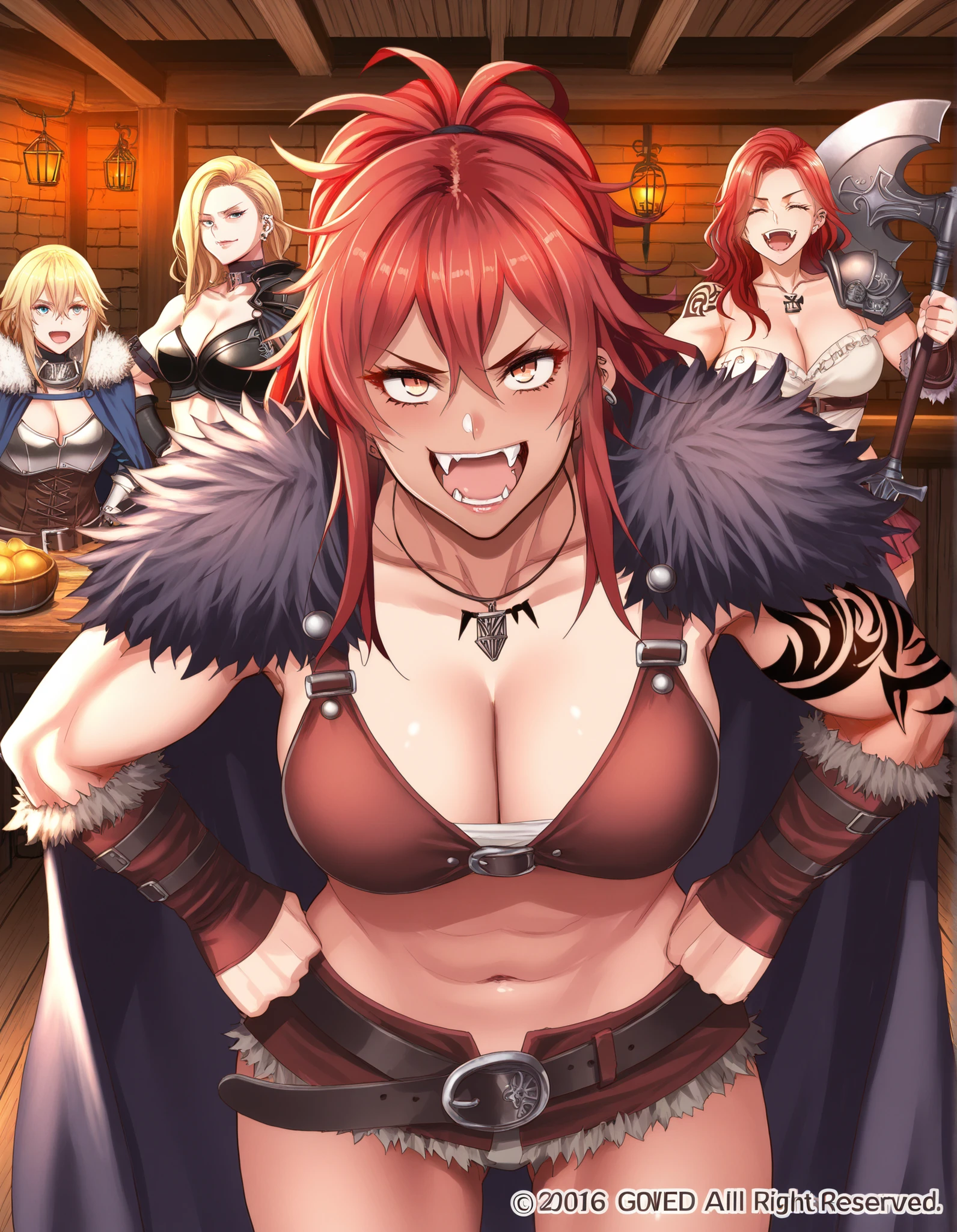 score_9_up , score_8_up , score_7 , fantasy art, Town Tavern , two women, viewers with an old man, daughter, and tentacles,(onna_tomodachi, Brown skin, red hair ponytail hair, messy bangs),(onna_tomodachi's_mom blonde long hair, Group of 3 women wearing wizard capes), barbarian, fur trim, shoulder armor, belt, piercing, tattoo, armor, abs, biceps, cleavage,  Carrying a battle axe, is carrying a sword, is putting hands on , The belt with the sword inserted, fangs necklace