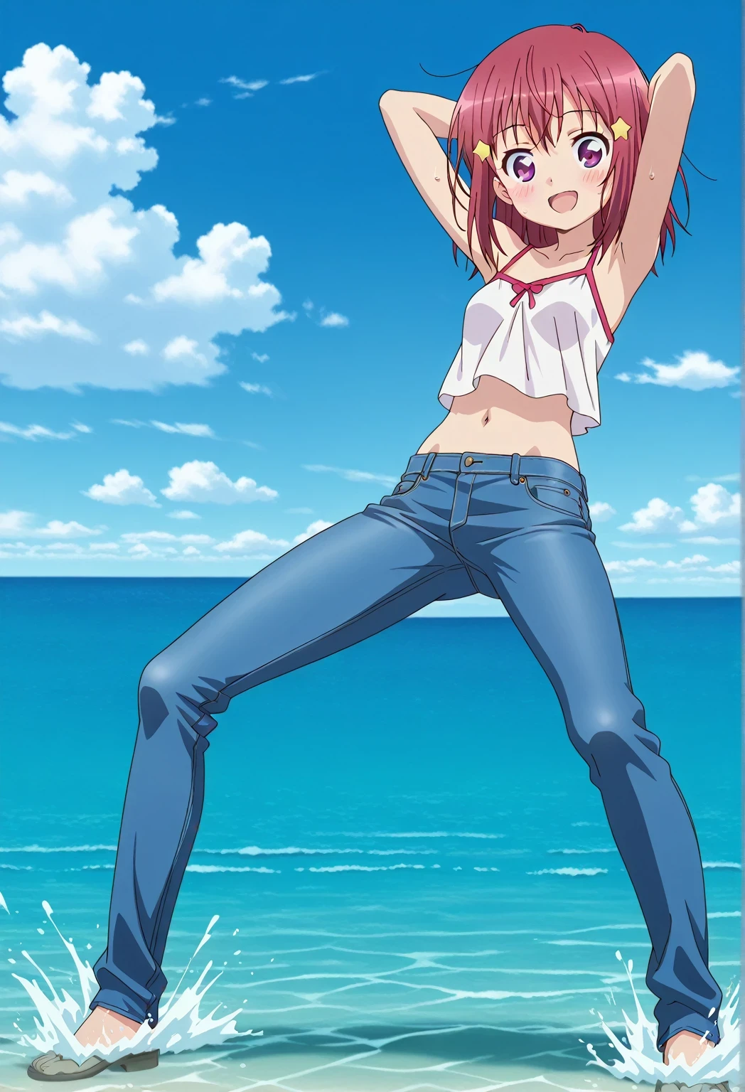 score_9, score_8_up, score_7_up, source_anime, highres, hi res, ((best quality, top quality, perfect quality, Highest Quality, amazing quality)), {{masterpiece}}, {{an extremely delicate and beautiful}}, 2d, intricate details, official style, anime, 8k, anime style, official_anime, official art, digital painting, cell shading, soft shading, high resolution, soothing tones, Subdued Color, Soft cinematic light, adobe lightroom, photolab, HDR, intricately and hyper-detailed, ((high quality animation)), 1 girl, Alone, solo, ((ocean)), tsunami, on the water, day, sunny, outdoors, sky, windy, Kanzaki Tomoyo, Inou Battle wa Nichijou-kei no Naka de, purple eyes, red hair, medium hair, anime coloring, anime screencap, small , white camisole top, crop top, white crop top, best quality, hyper-detailed jeans, ((blue jeans:1.9)), (dark blue jeans:0.6), full medium body, medium shot, Open mouth, smiling, happy face, blush, sweat, standing, ((arms behind head:6.0)), ((perfect arm line:2.5)), bowlegged, sliding pose, action, looking at viewer, , Bend knees slightly, straight-on front view