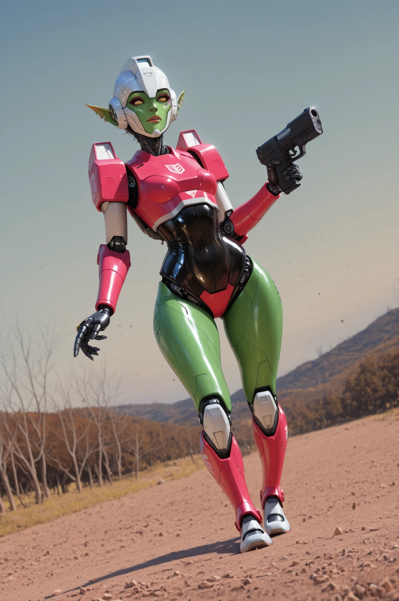 female punk, rainbow colors hair, very short hair, black eye , facial piercings, eye makeup, small breasts, meduim hips, (goblin girl:1.0) (shortstack:1.0) (green skin:1.0) (pointy ears:1.0) (wide hips:1.0)| RAW photo, (best quality:1.3), high resolution, (masterpiece), (photorealistic:1.4), professional photography, sharp focus, HDR, 8K resolution, intricate detail, extremely detailed CG unity 8k wallpaper, 1girl, extremely detailed robot face, extremely detailed, dynamic pose, dynamic angle, solo, autobot, TFFRArcee, armor, helmet, robot girl, holding handgun, (finger on trigger), handgun, nice mechanical hands, prefect mechanical hands,