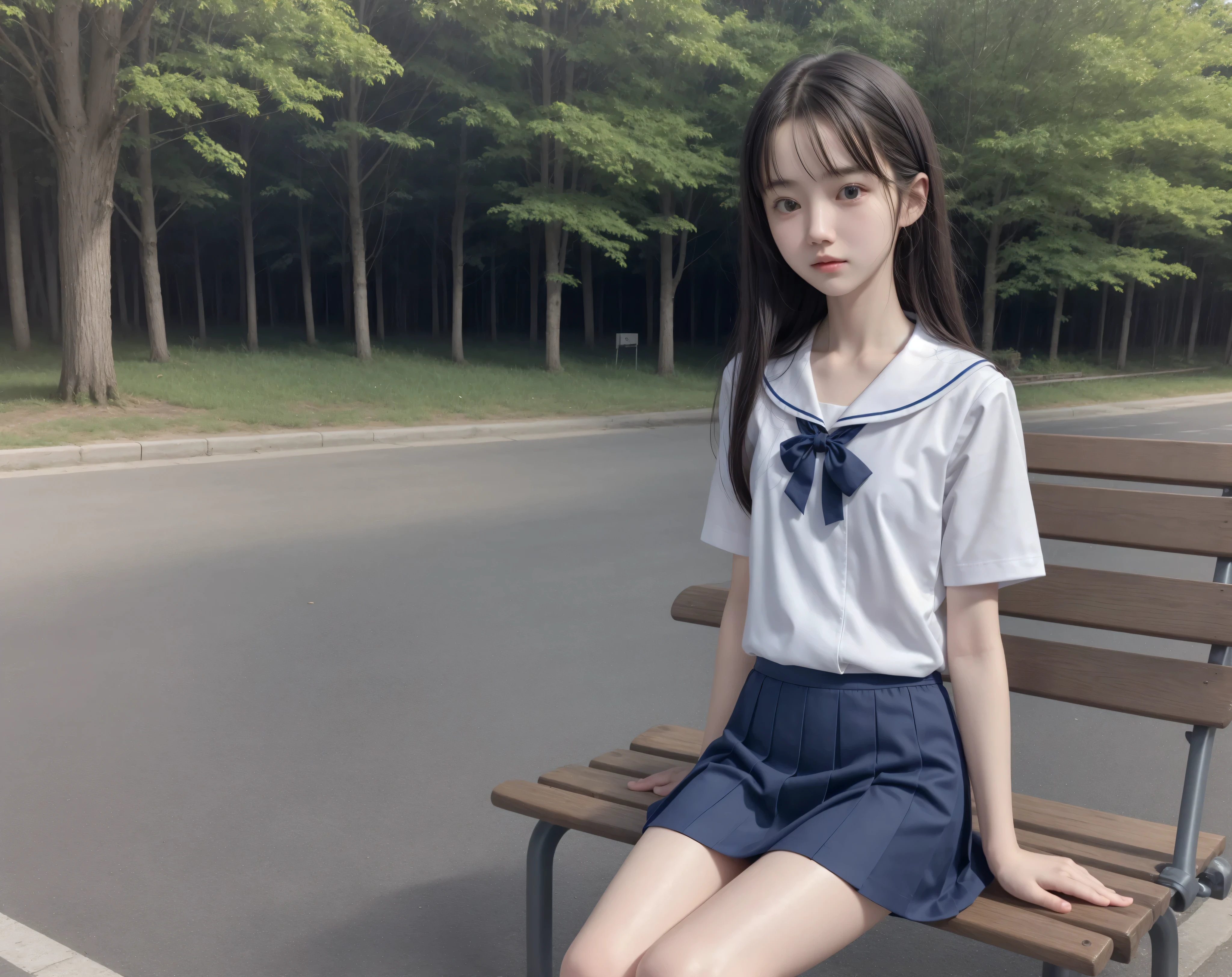 20 years old,cute girl,かわいいyounger女の子,slender,Skinny,short,skinny,slender body,Low body weight,younger,cute hairpins,sailor suit cosplay,Navy Blue Skirt,realistic,Sitting on a park bench,small breasted,japanese,Narrow Shoulder,black tights,dark hair
