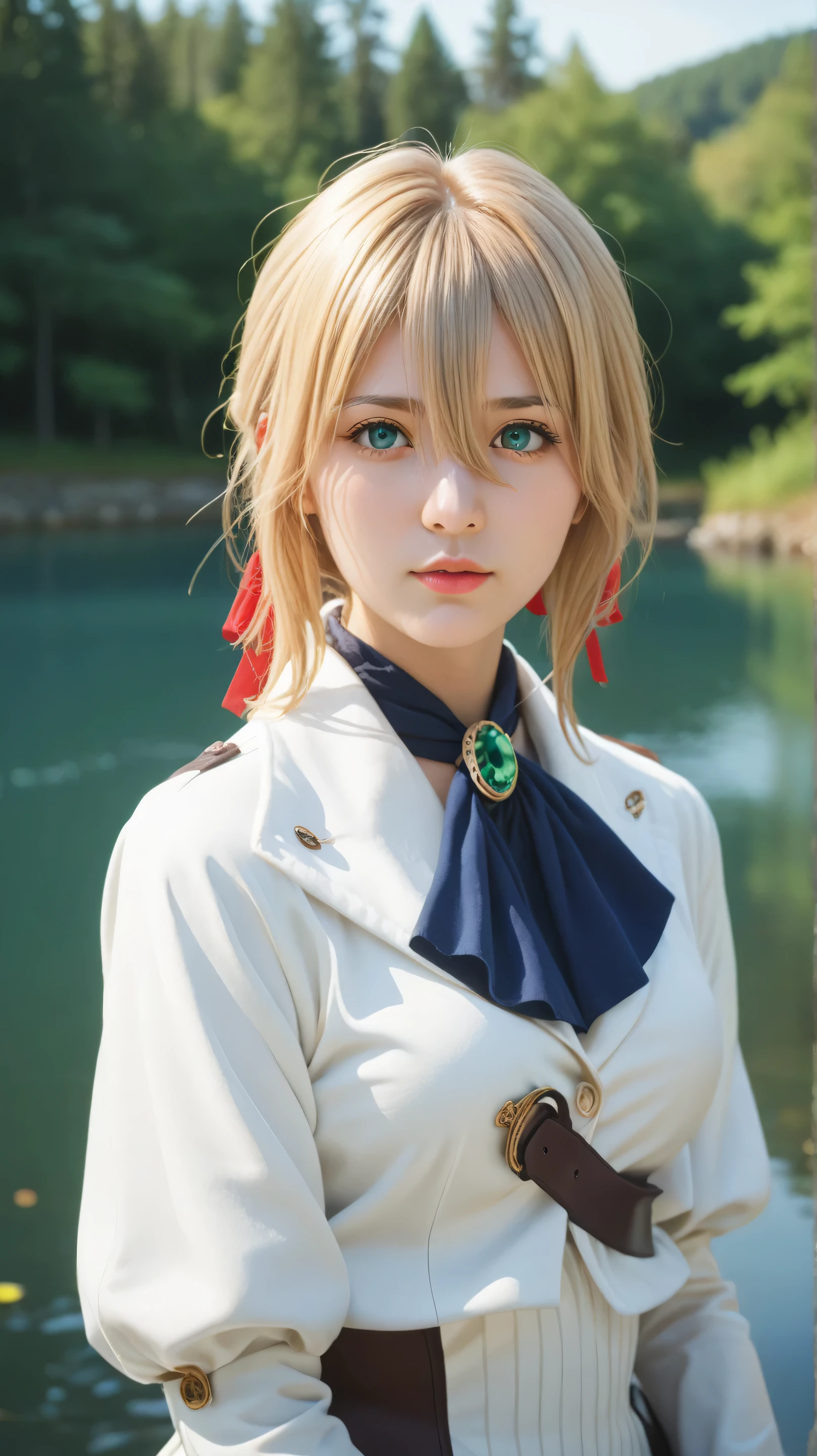 Masterpiece, best quality, 8k, ultra high resolution, photorealistic, cinematic composition,1girl, solo,vuole t vevergarden,emerald eyes,blonde hair,outdoors,potrait,forest,big breast,(lake background:1.4),standing still,(hair between eyes:1.3),white dress,black glove,close up,,red ribbon,front view,white coat