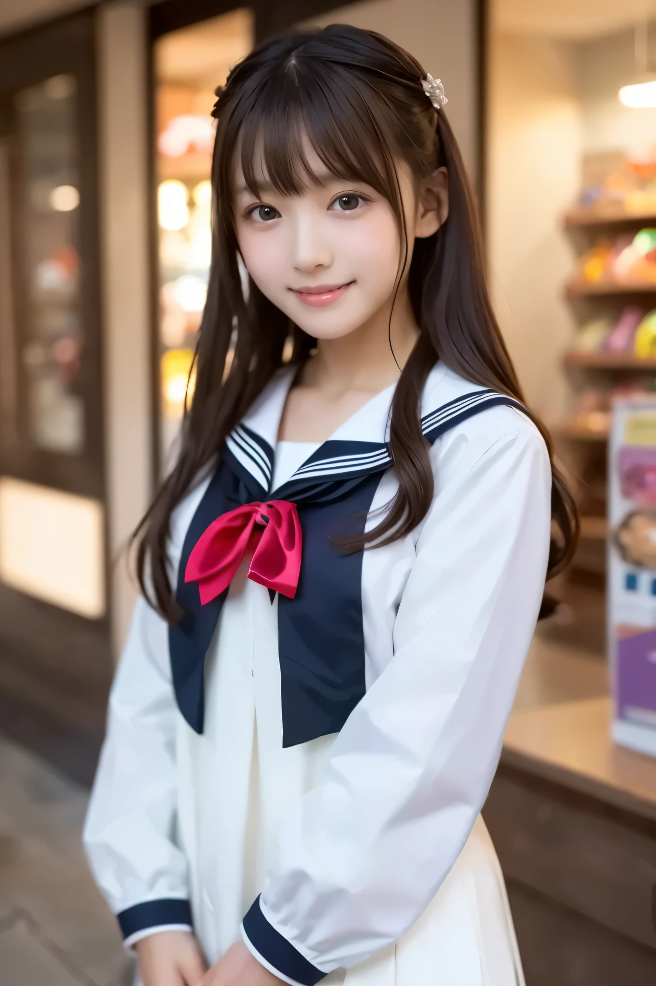 Girl with lots of candy, (please wear a high school sailor suit:1.2), (:1.5), (red ribbon), Young face, cute face, (Original photo, Highest Quality), (realistic, Photorealistic:1.4), sharp focus, very delicate and beautiful, very detailed, 2k wallpaper, Amazing, fine, very detailed CG Unity 8K 壁紙, very detailedな, high definition, soft light, beautiful detailed girl wearing white china clothes, very detailed目と顔,big eyes:1.6、beautifully detailed nose, Beautifully Detailed Eyes, Blake Spring Street Corner, cinematic lighting, perfect anatomy, thin body, straight long, long hair, straight bangs, innocent smile, (is viewing the viewer),(The background is inside a candy store)、